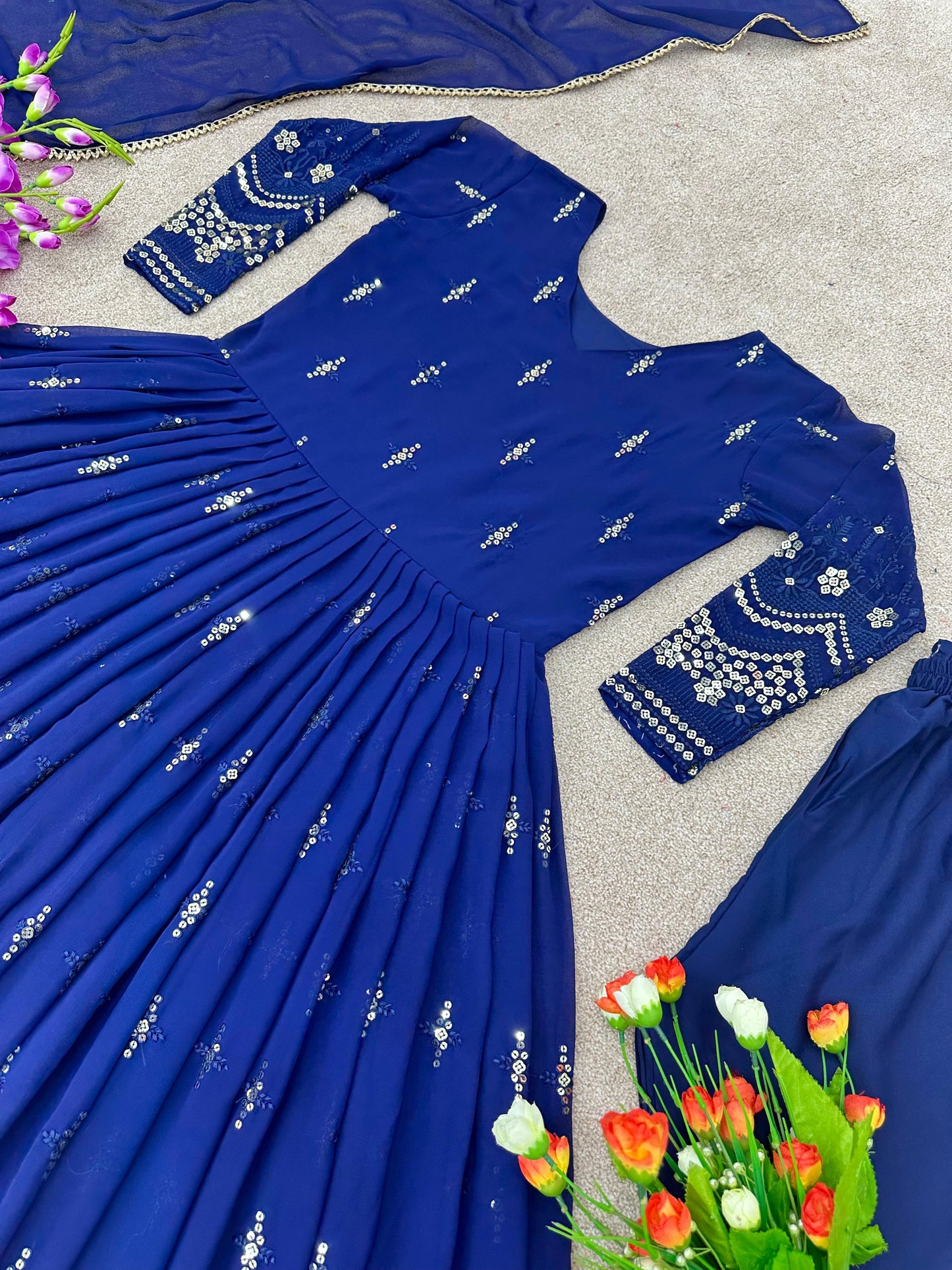 Party Wear Blue Anarkali Kurti Pent Dupatta Set for women