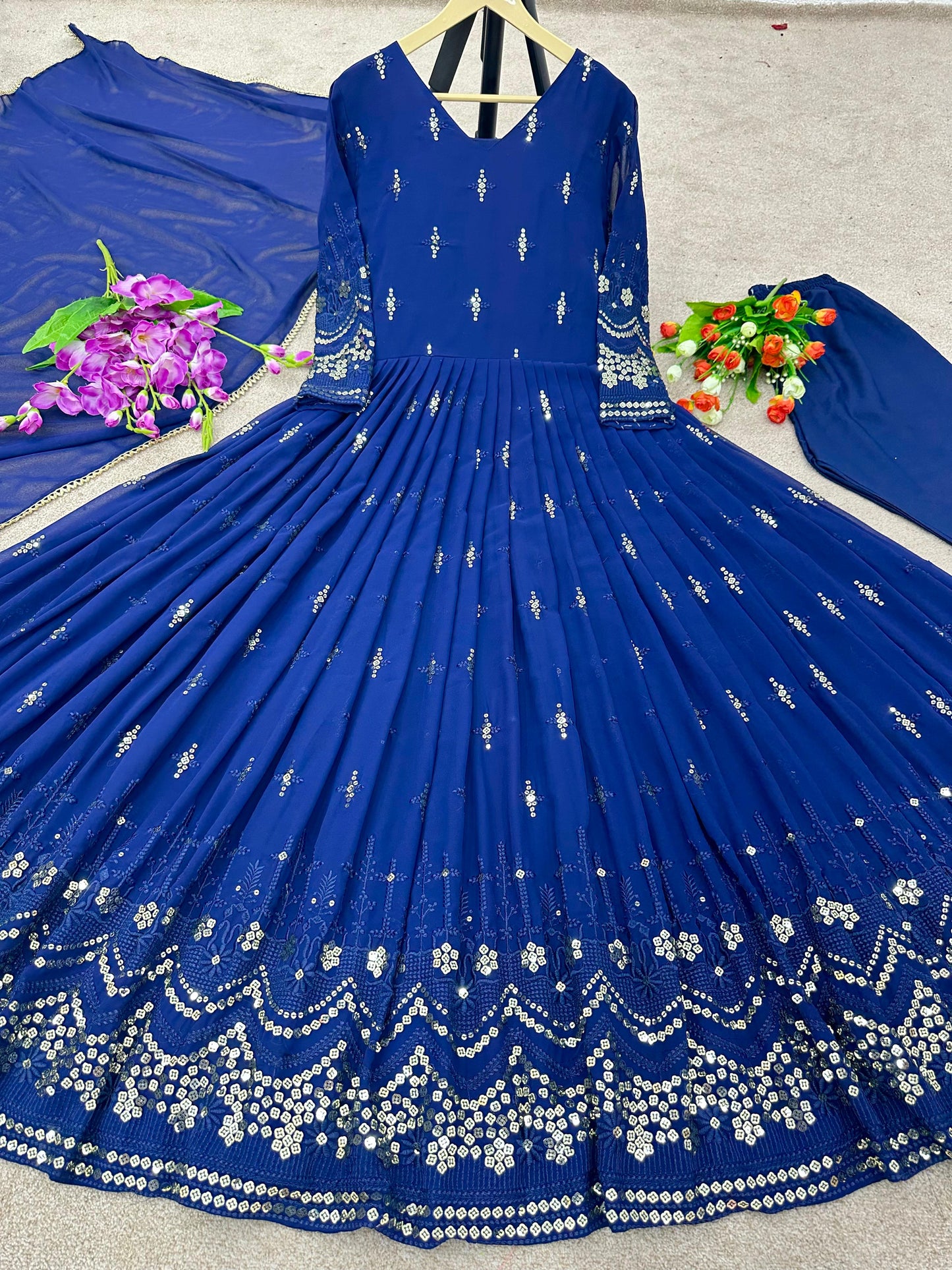 Party Wear Blue Anarkali Kurti Pent Dupatta Set for women