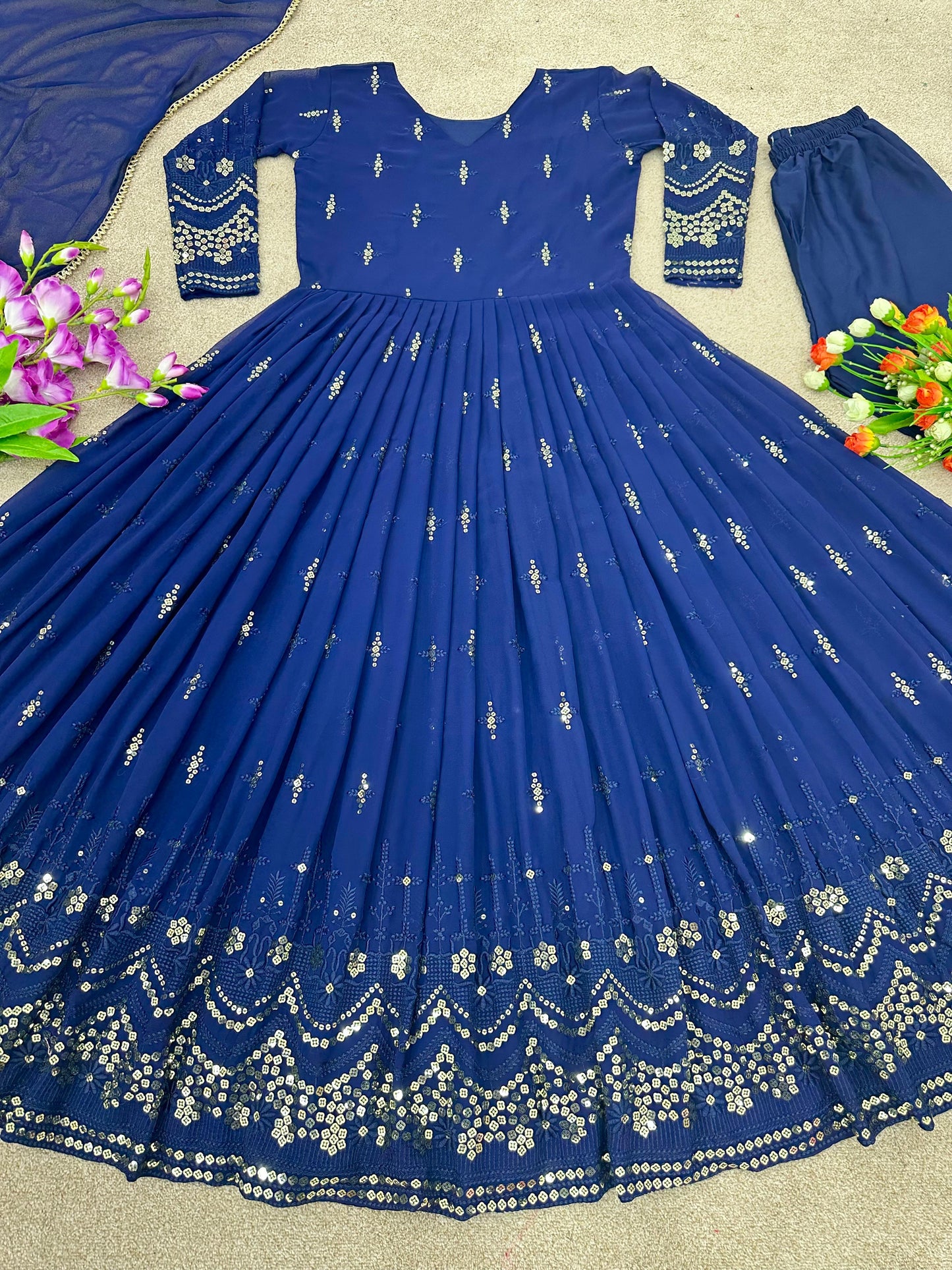 Party Wear Blue Anarkali Kurti Pent Dupatta Set for women