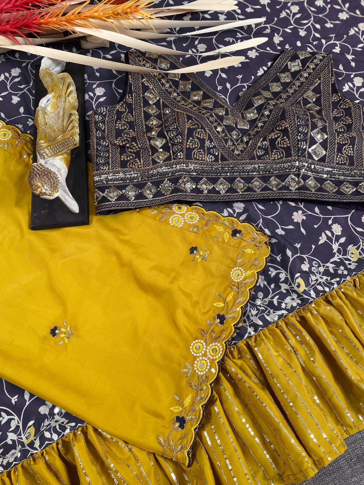 Yellow Saburi Silk Print with embroidery saree with blouse