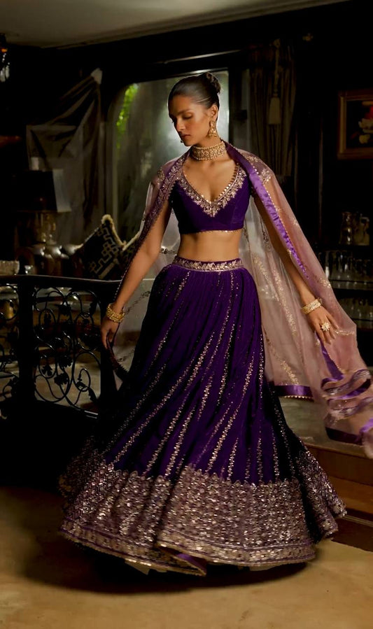 Blue Wedding Velvet Lehenga for women