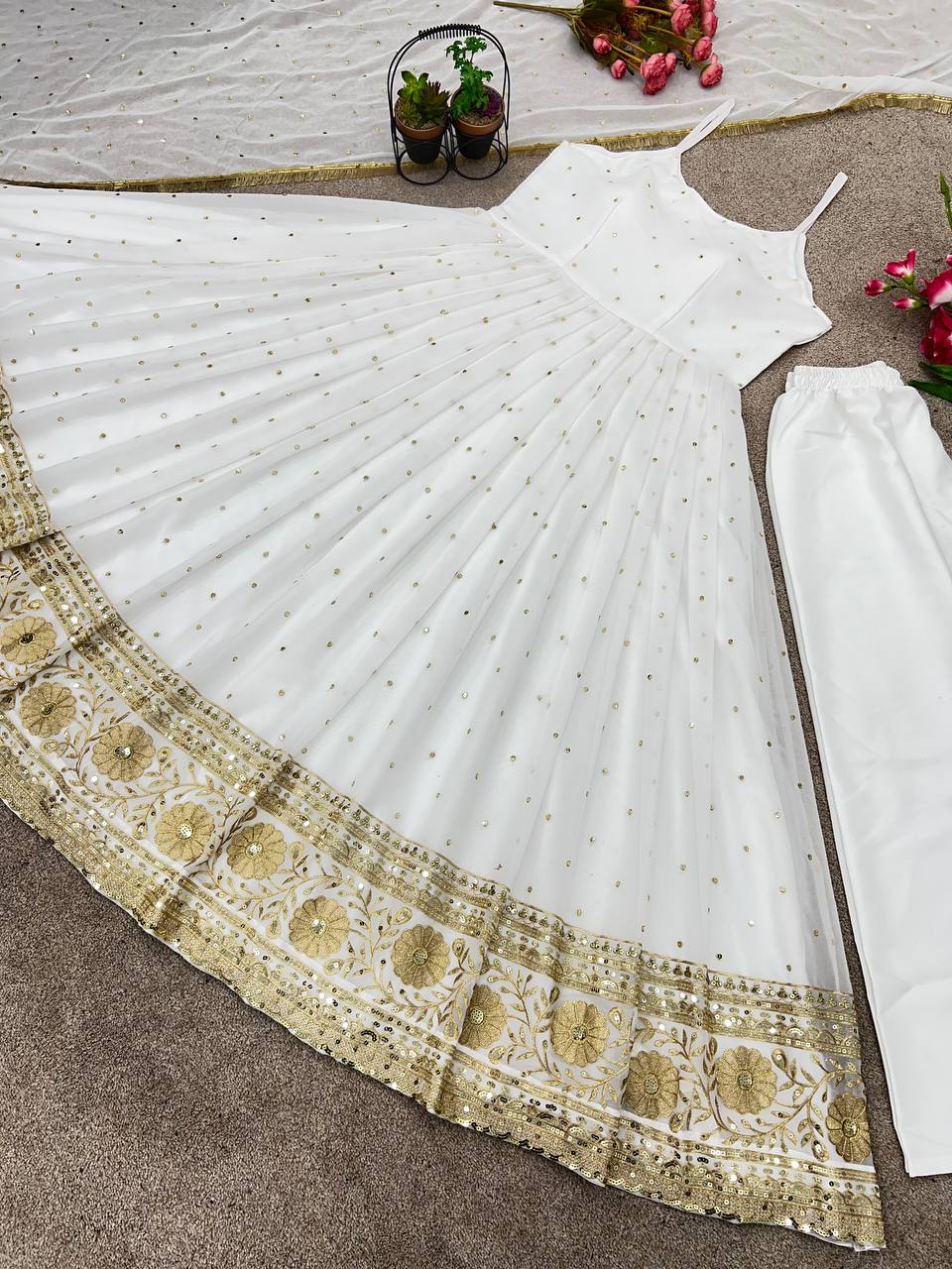 White Anarkali Gown Dupatta Set
