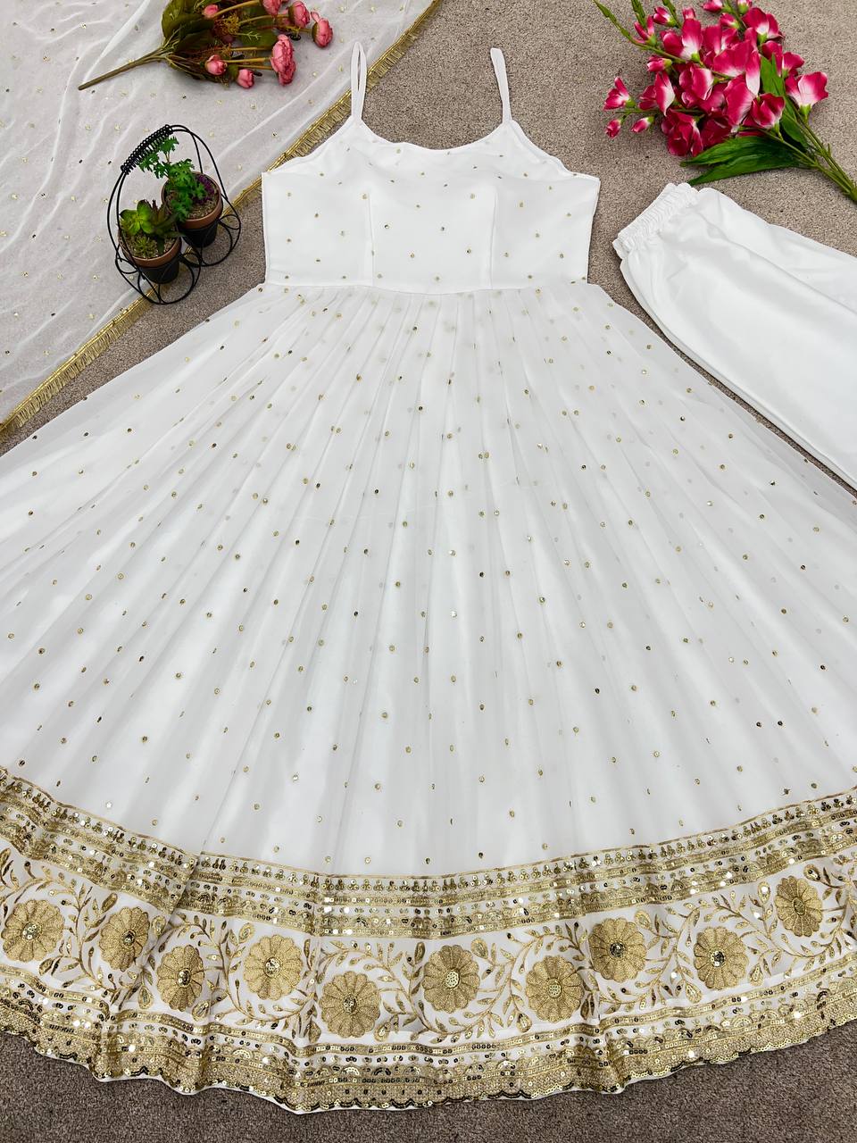Off White Anarkali Suit With Lucknowi Resham Embroidered Checks Jaal And  Colorful Floral Design On The Hem | Off white anarkali, White anarkali,  Long kurti designs