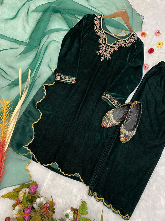 Green Best Quality Velvet Kurti Pent dupatta set for women