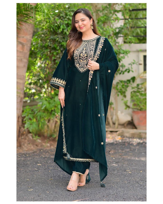 Party Wear Green Velvet Plazzo Suit For Women