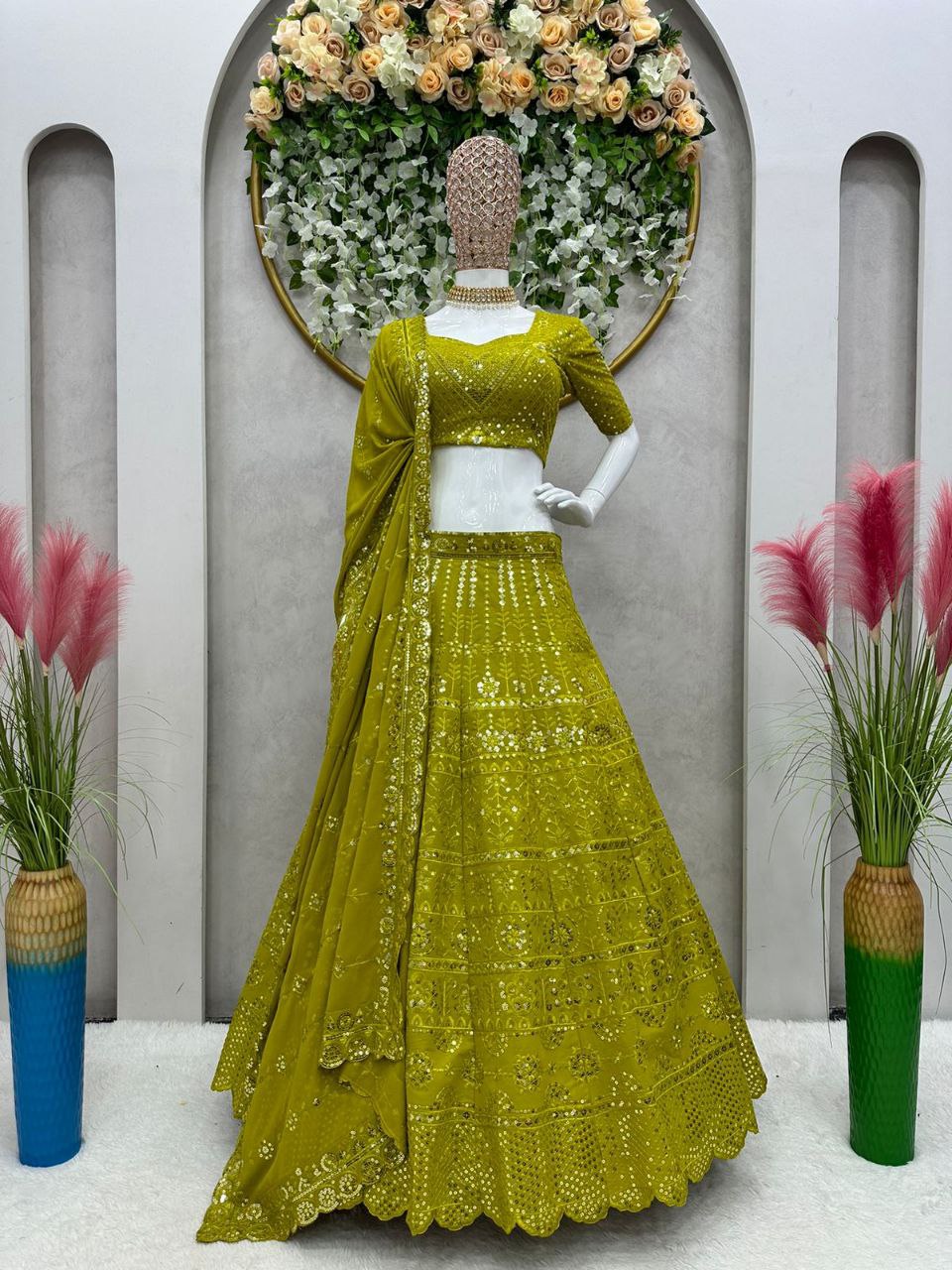 Green Color Georgette Wedding Lehenga Choli Dupatta