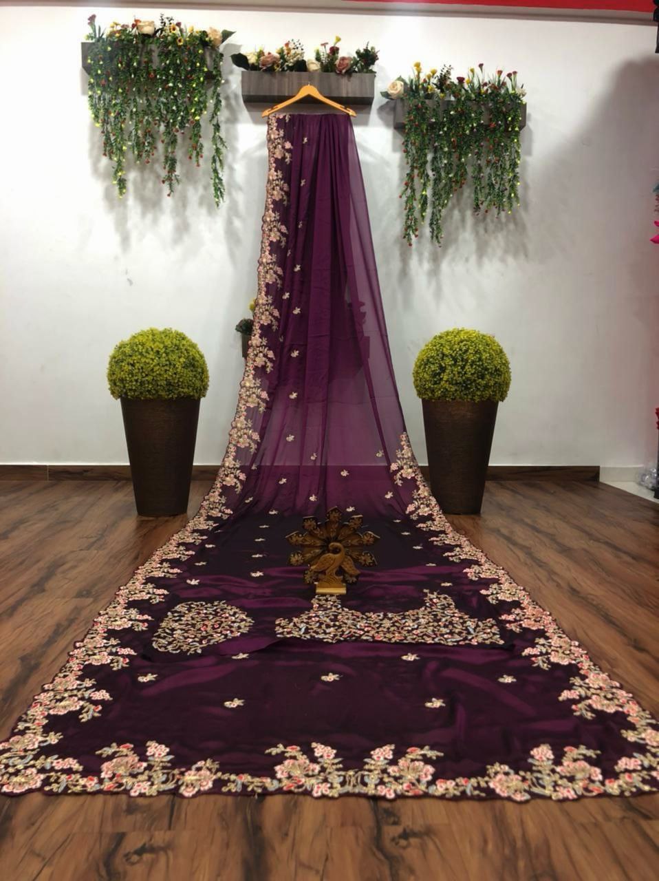 Wine Organza Saree with full Embroidery work