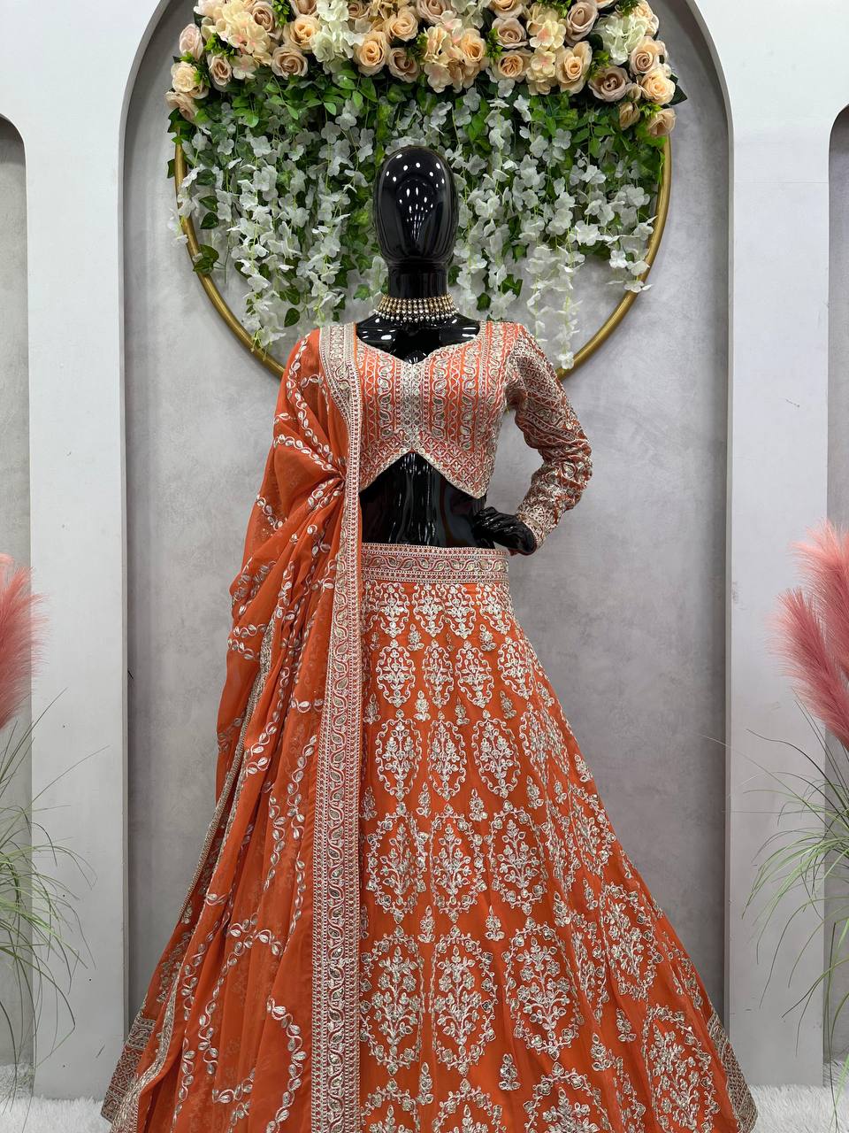 Wedding Wear Georgette Orange Lehenga Choli For Women