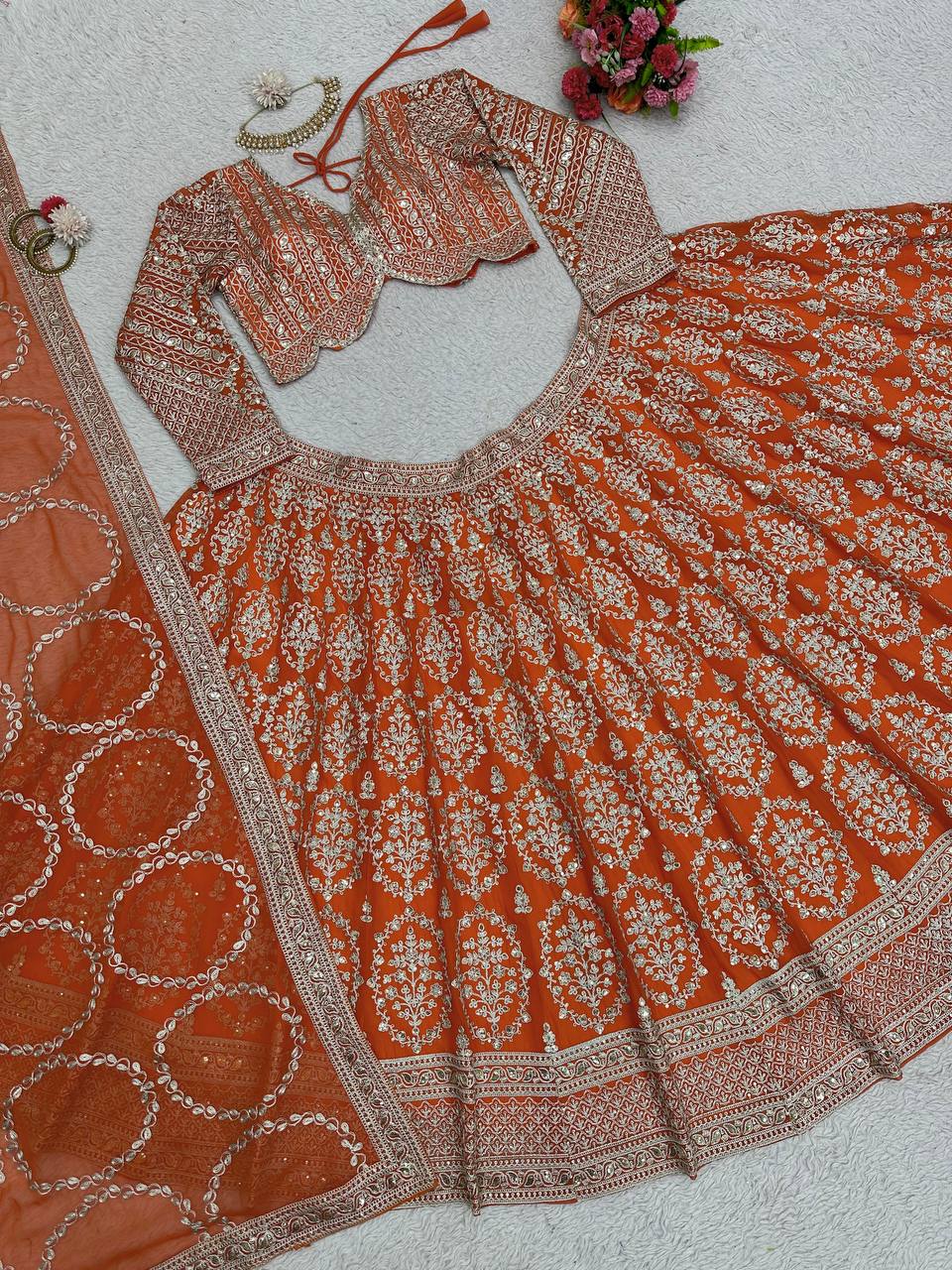 Wedding Wear Georgette Orange Lehenga Choli For Women