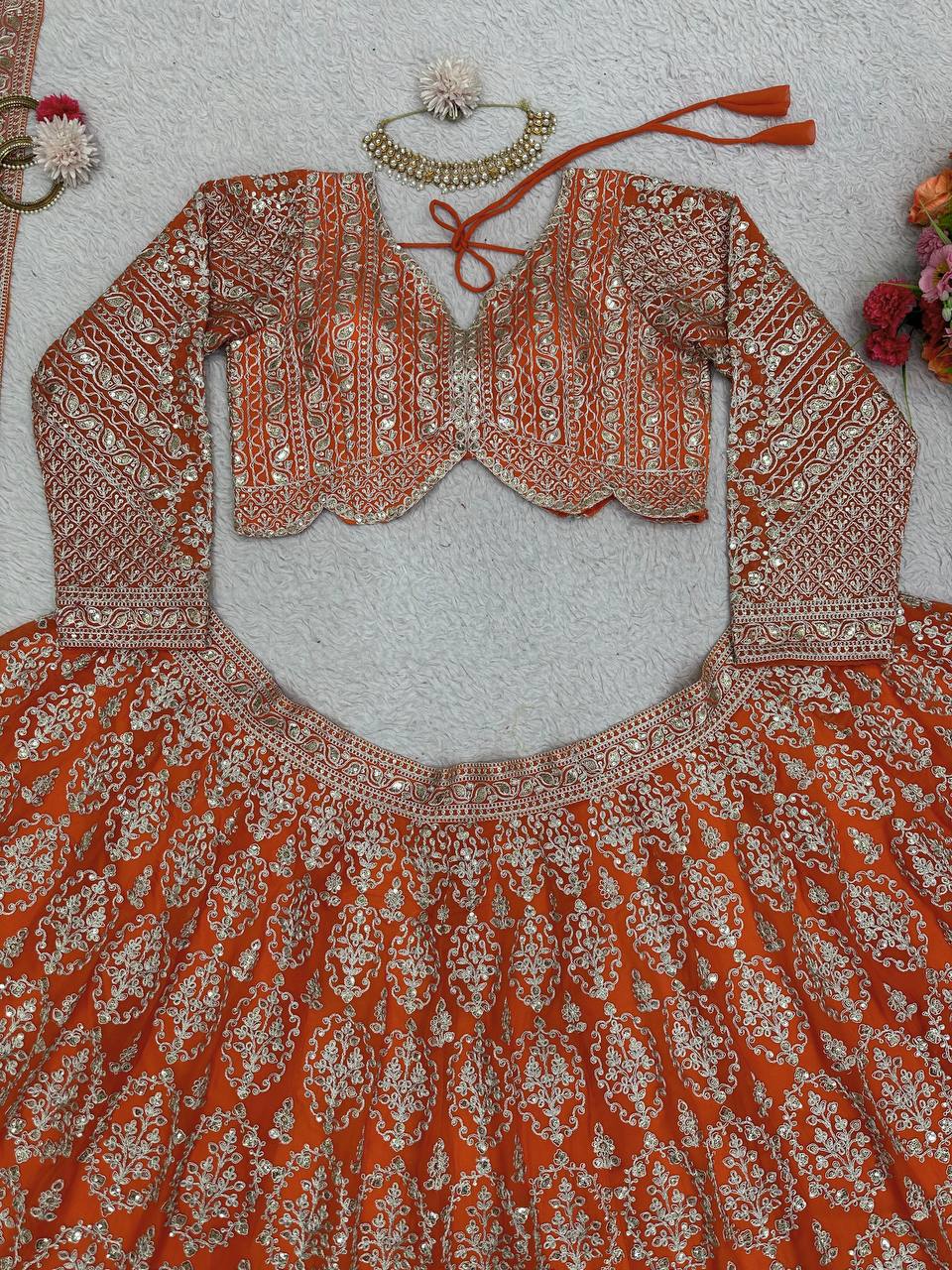 Wedding Wear Georgette Orange Lehenga Choli For Women