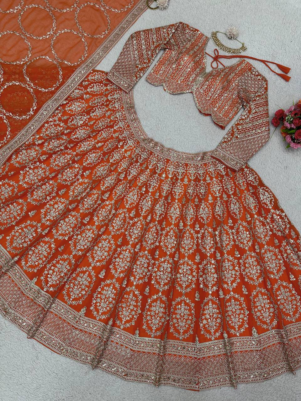 Wedding Wear Georgette Orange Lehenga Choli For Women