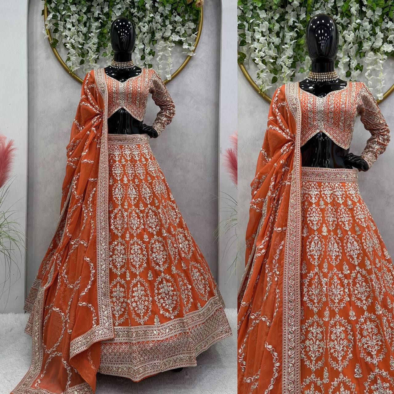 Wedding Wear Georgette Orange Lehenga Choli For Women