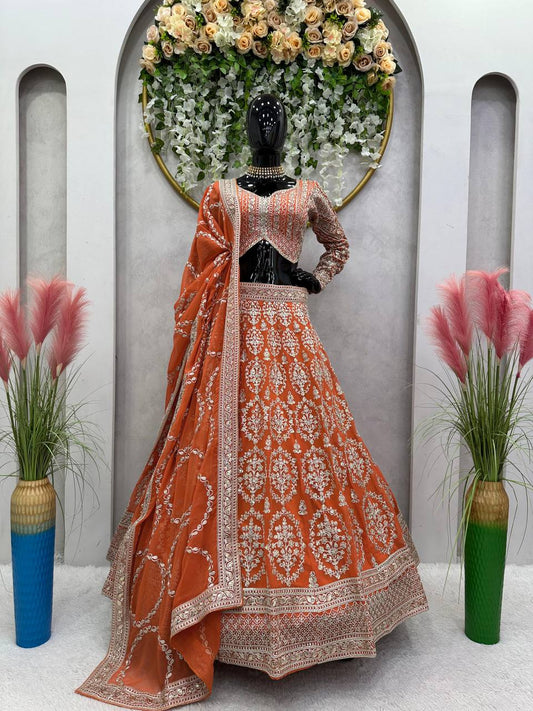 Wedding Wear Georgette Orange Lehenga Choli For Women