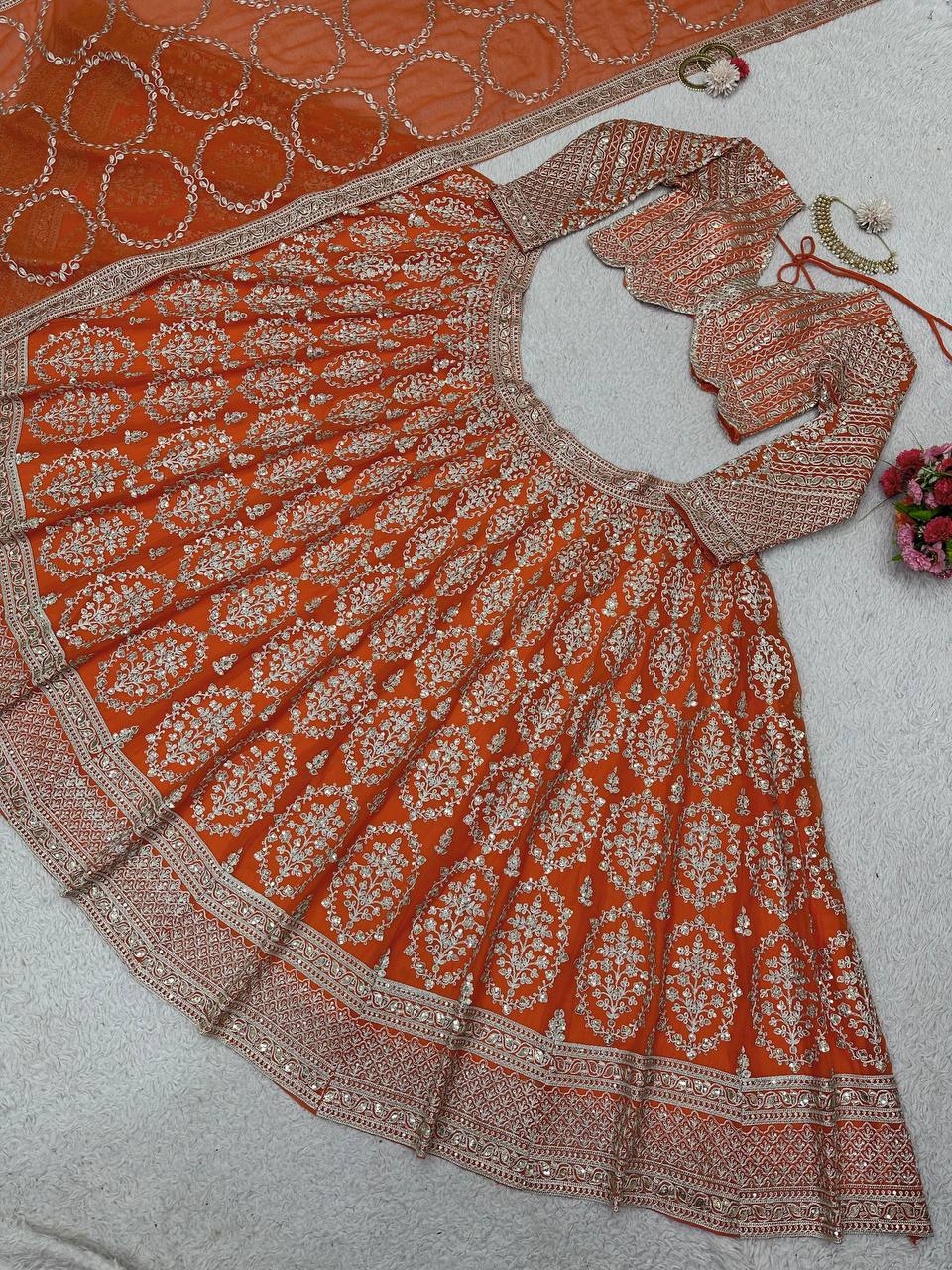 Wedding Wear Georgette Orange Lehenga Choli For Women