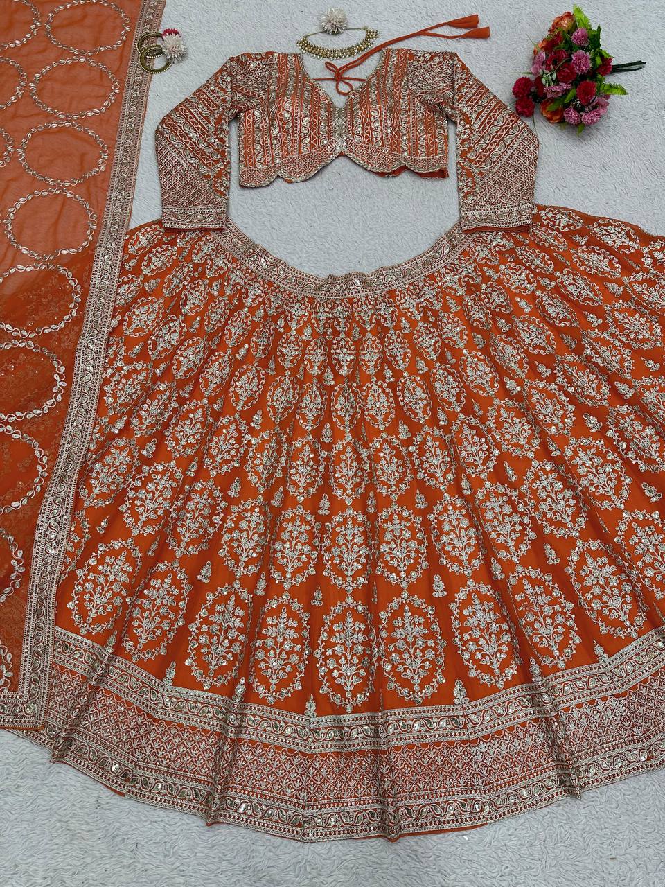 Wedding Wear Georgette Orange Lehenga Choli For Women