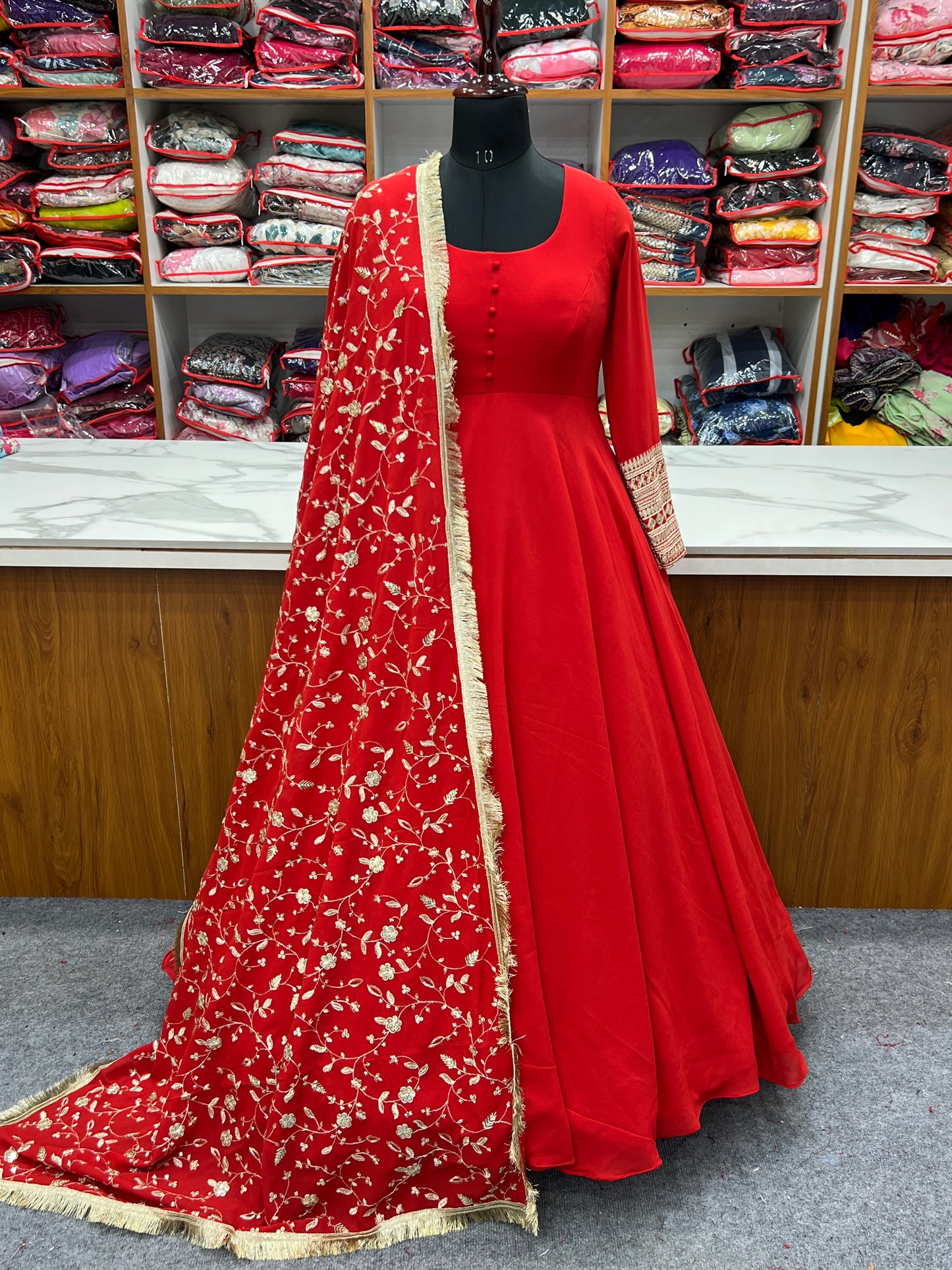 Gown : Red vichitra silk jacquard weaving work gown with ...
