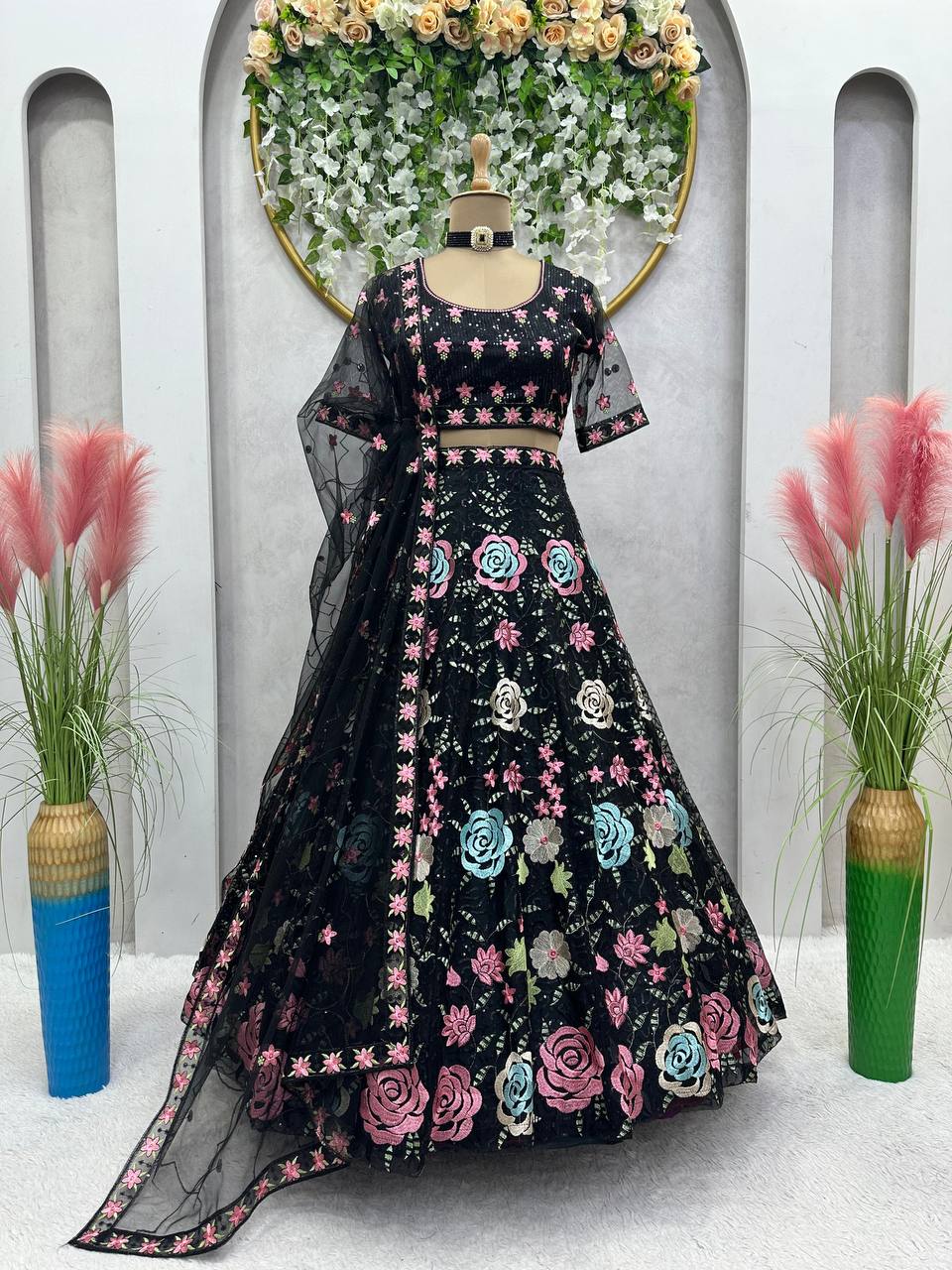 Black Flower Embroidery work Lehenga for women