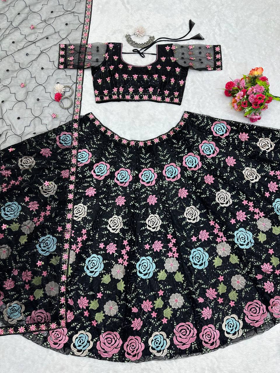 Black Flower Embroidery work Lehenga for women