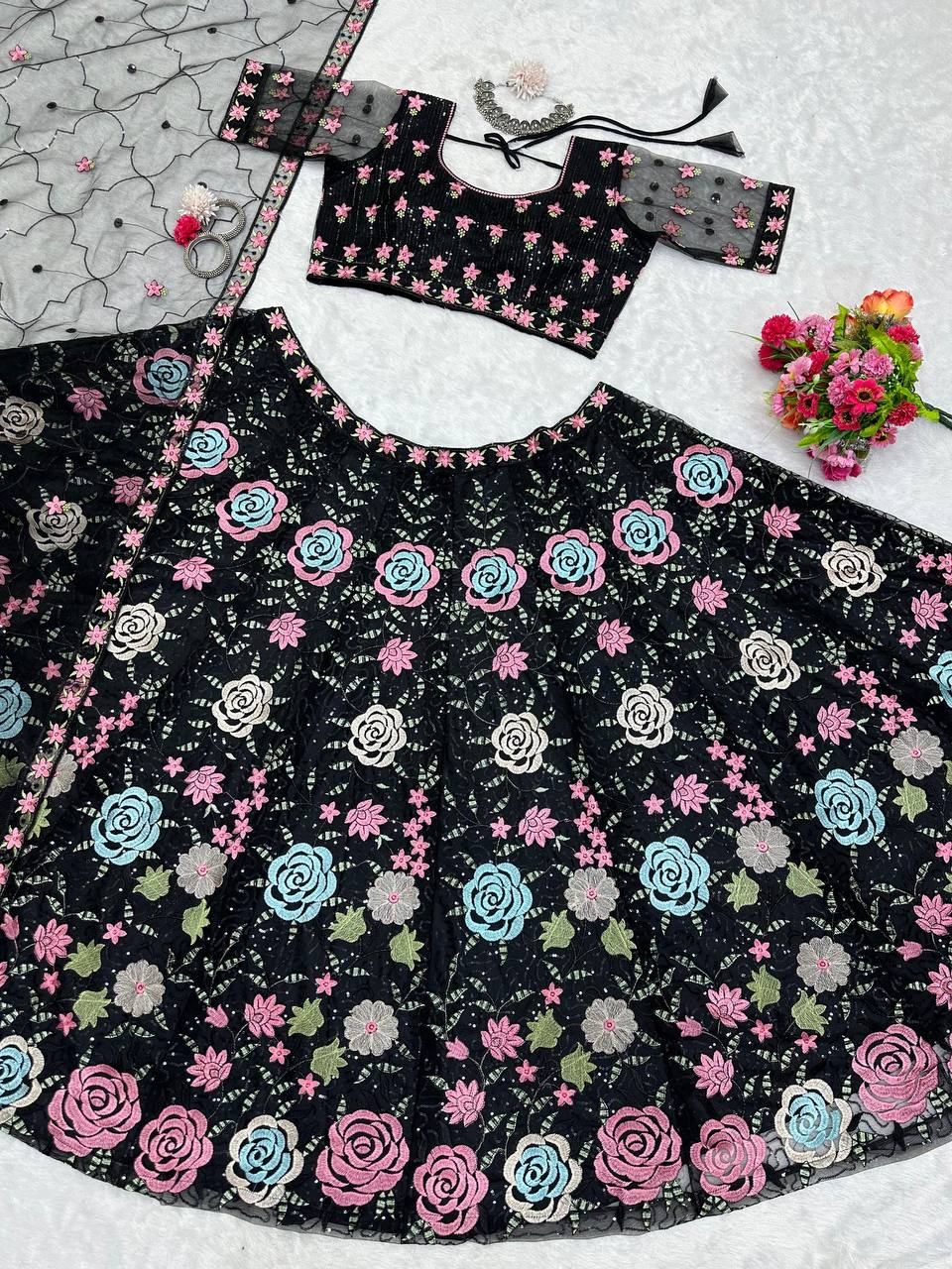 Black Flower Embroidery work Lehenga for women