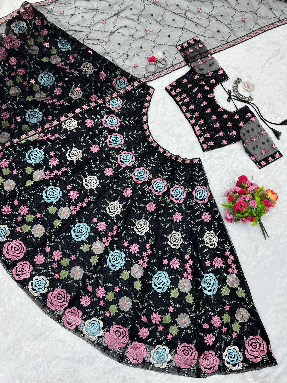 Black Flower Embroidery work Lehenga for women