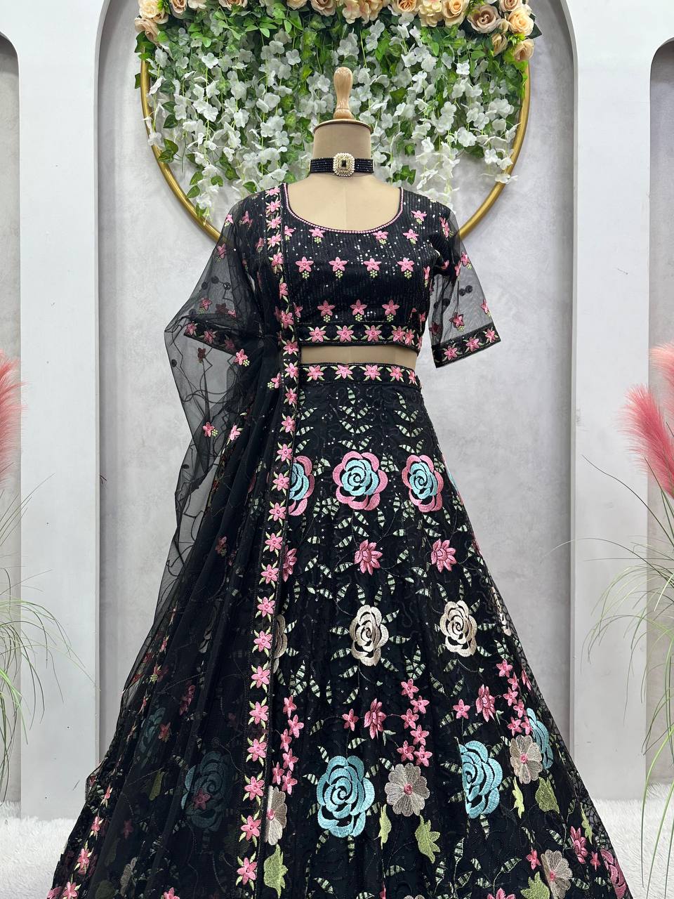 Black Flower Embroidery work Lehenga for women