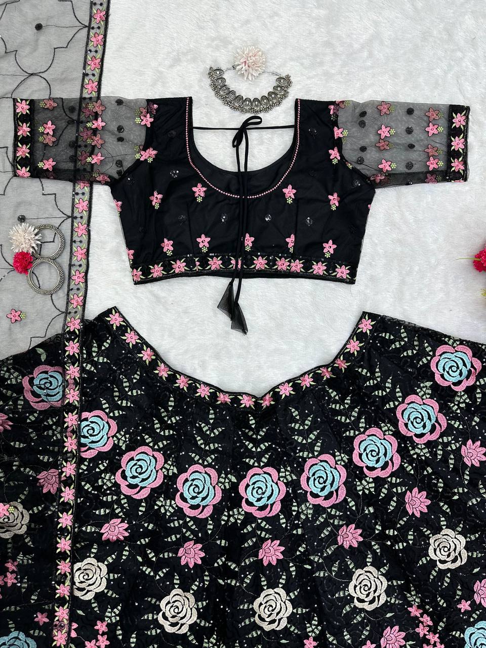 Black Flower Embroidery work Lehenga for women