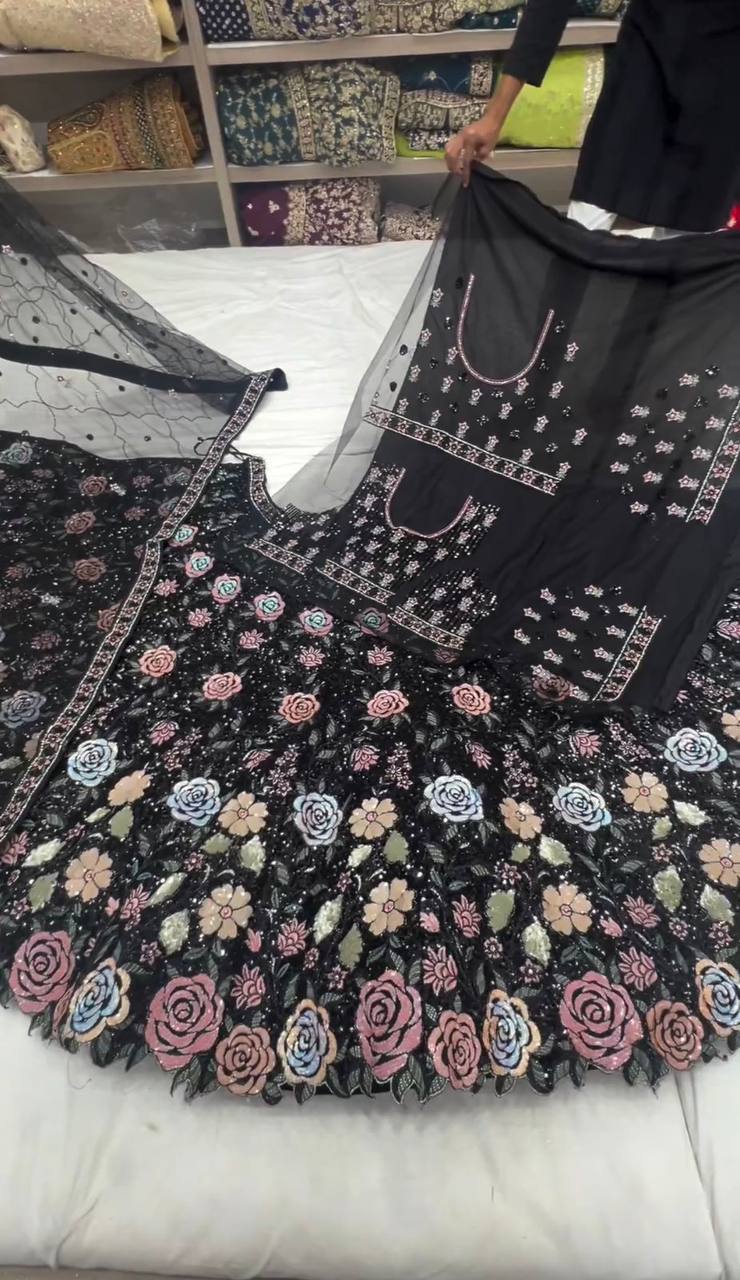 Black Flower Embroidery work Lehenga for women