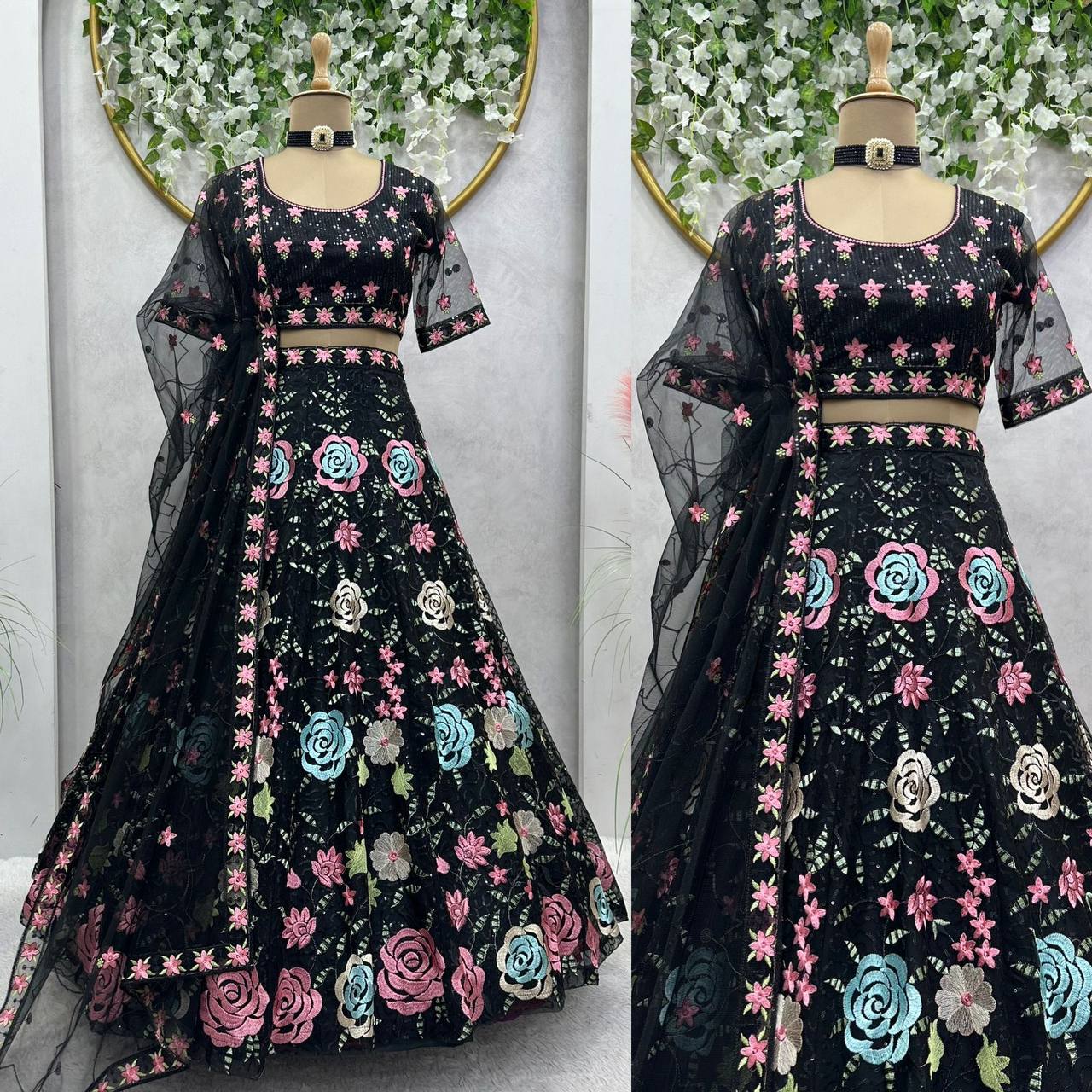 Black Flower Embroidery work Lehenga for women