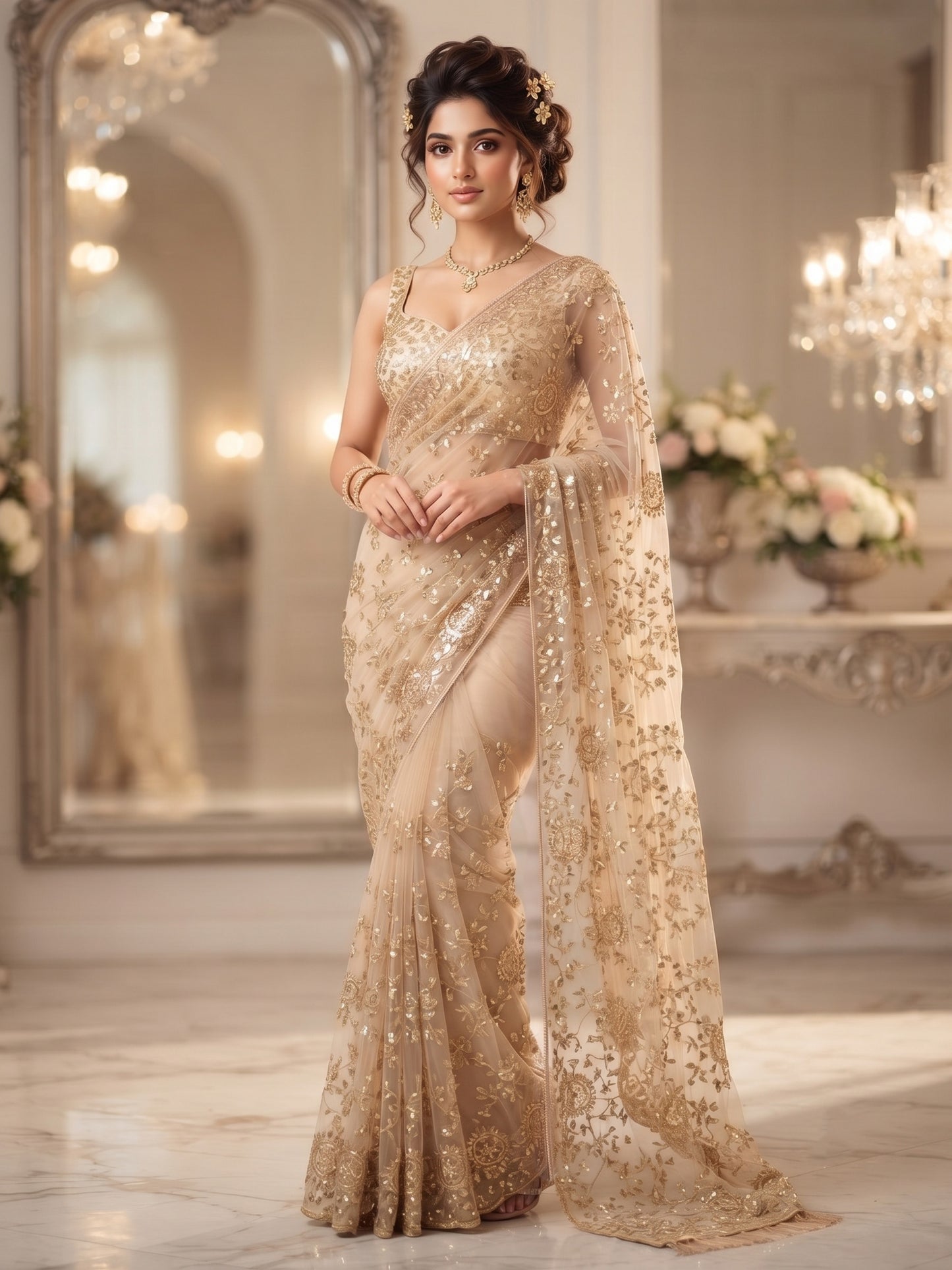 Butterfly Net Sequins Embroidered Saree with Blouse