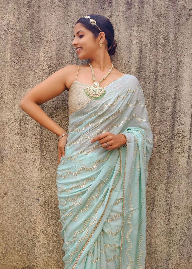 skyblue color Georgette Sequence Work Saree With Samosa Lace
