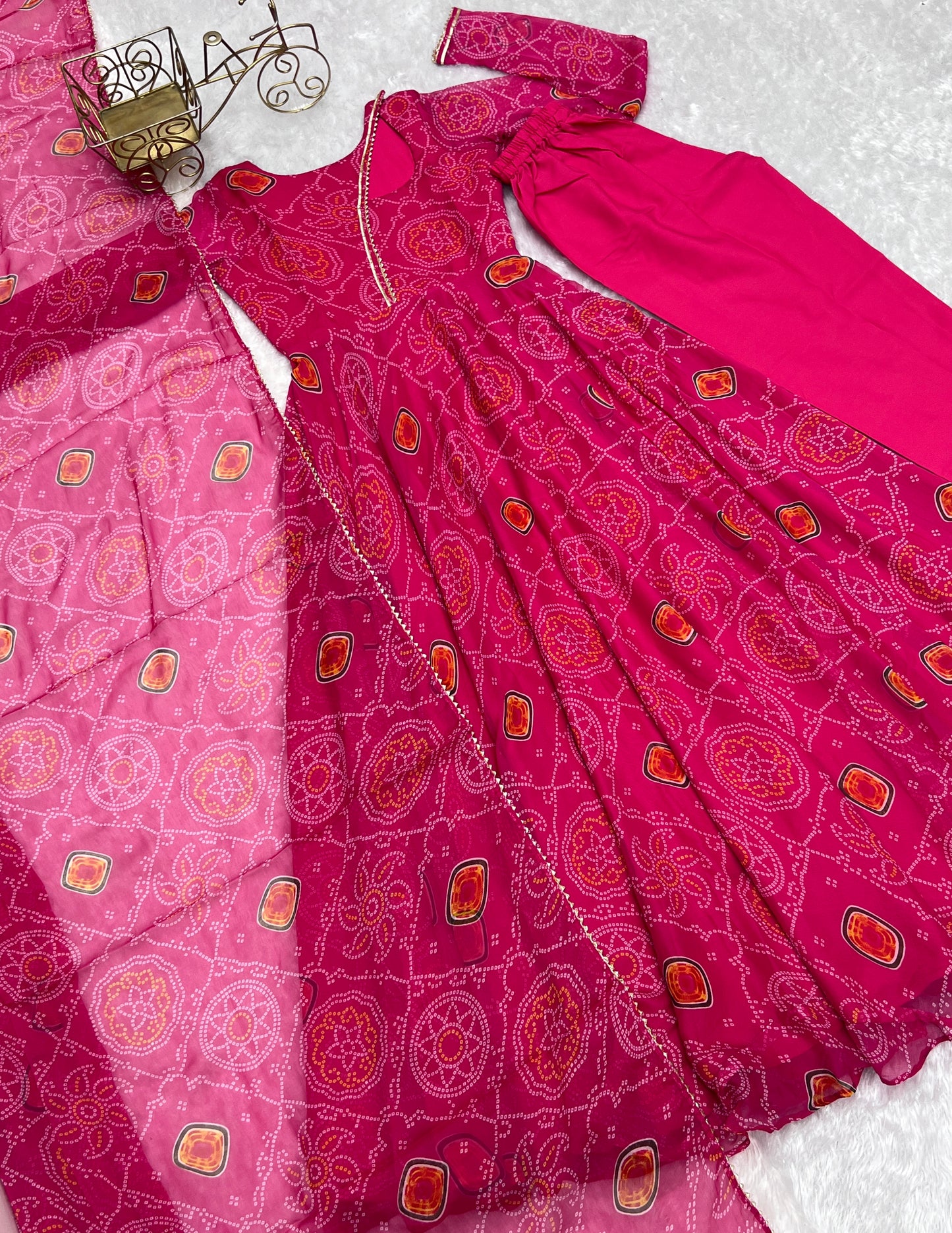 Long Anarkali Bandhej print chiffon gown with dupatta set