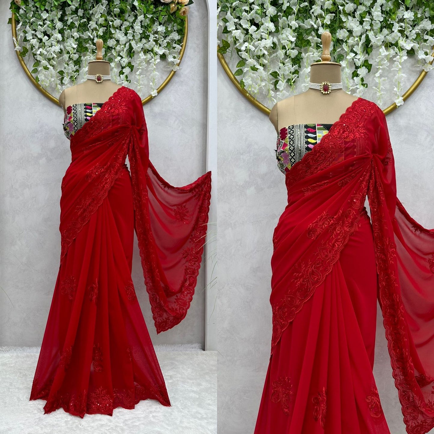 Red Georgette Designer Saree with blouse