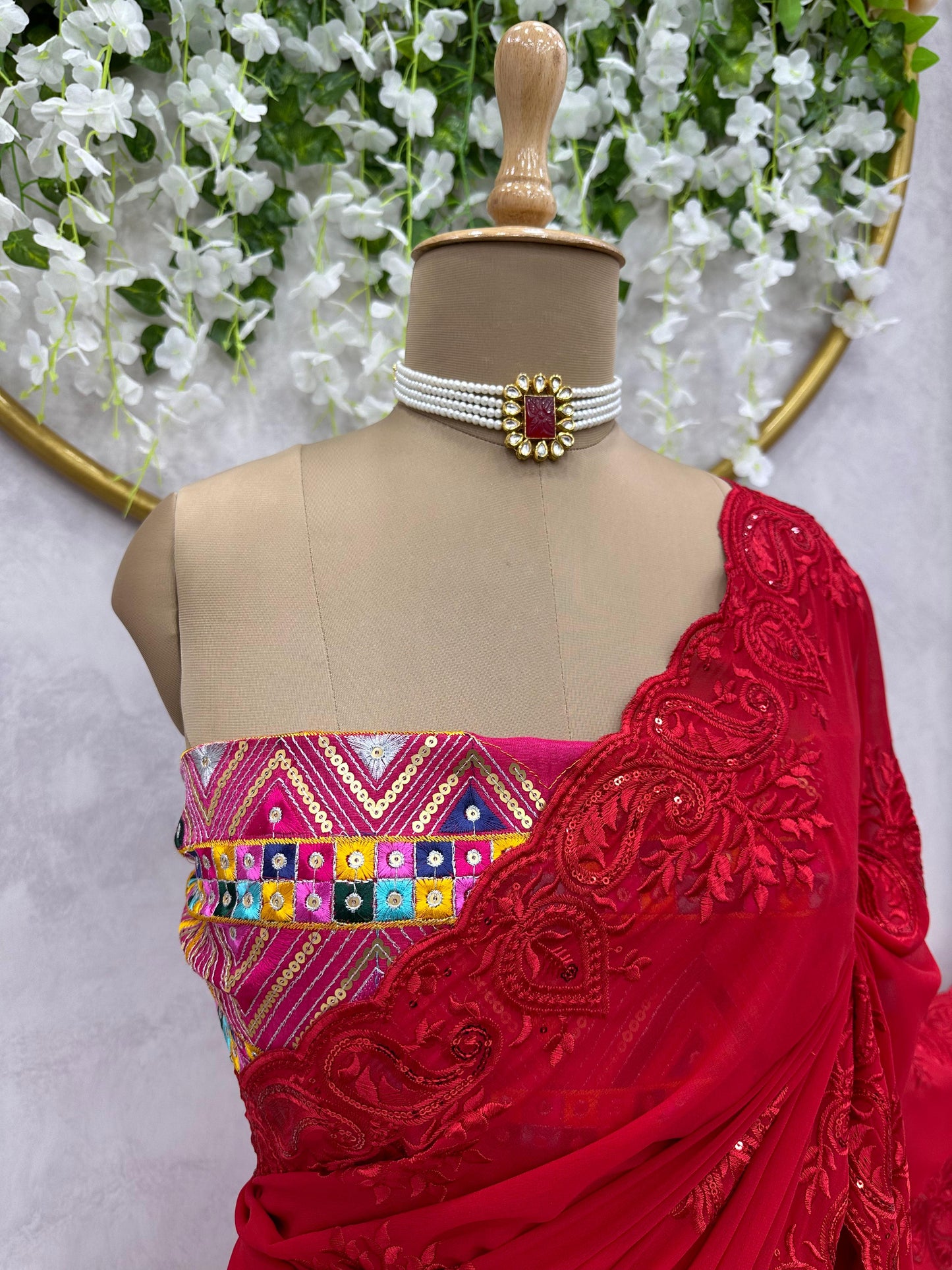Red Georgette Designer Saree with blouse