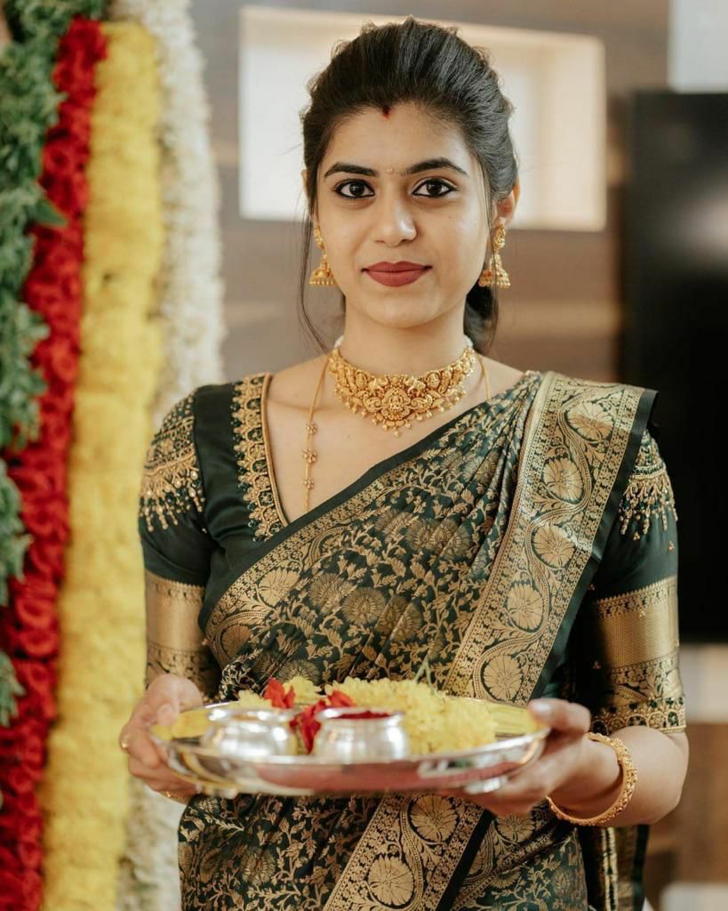 Green color Lichi Silk Jacquard saree with blouse