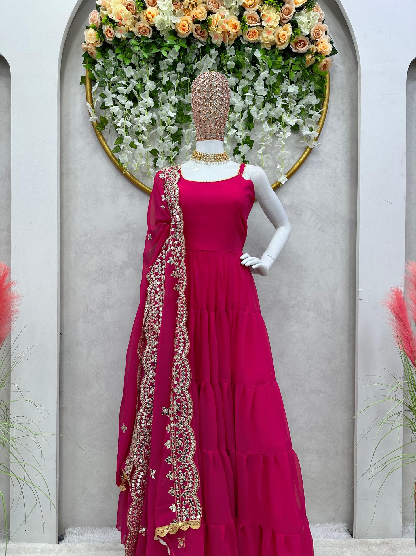 Rani Color Stitched Anarkli Gown Dupatta Set