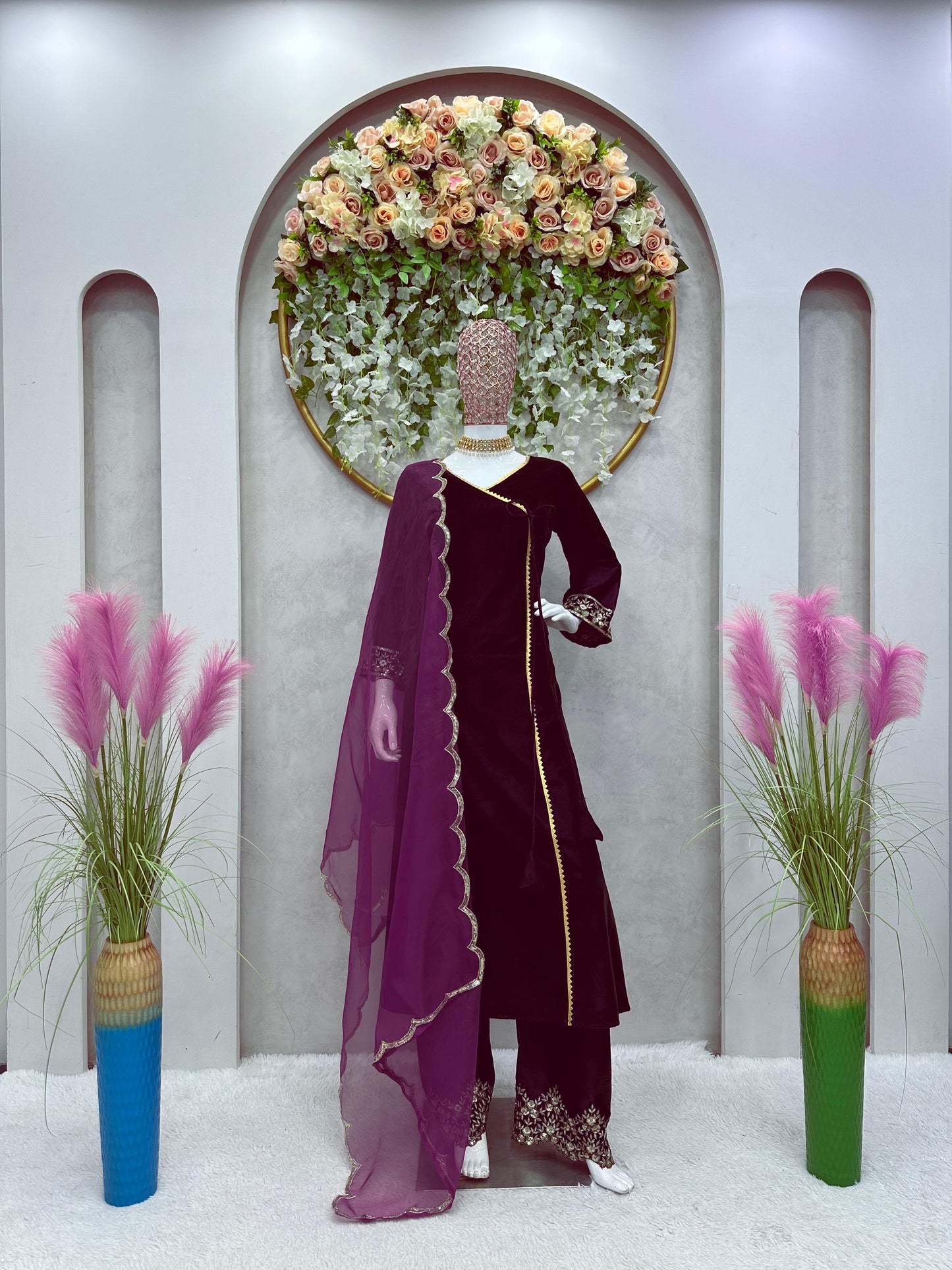 Wine Color Velvet Embroidery Salwar Suit For women