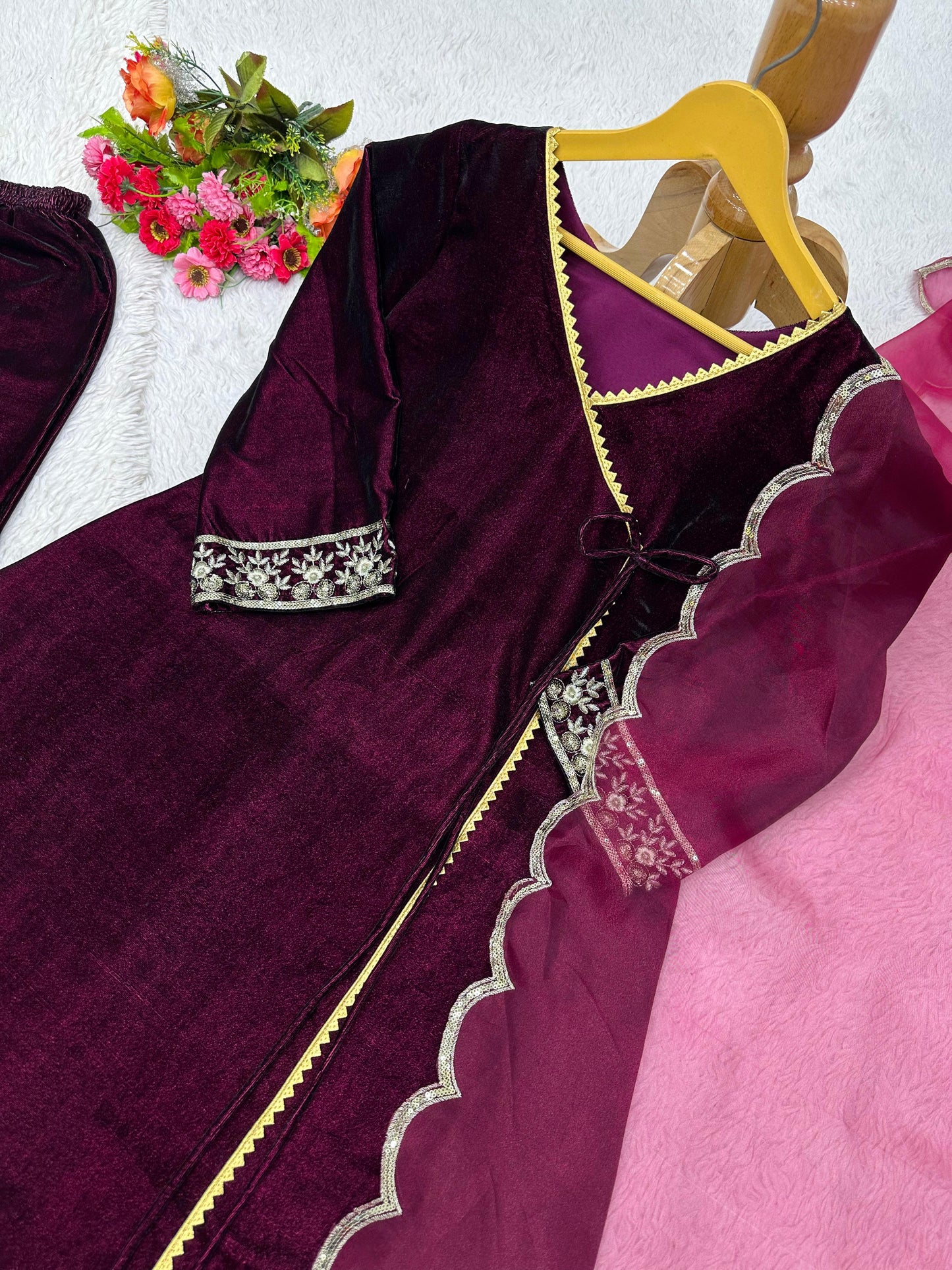 Wine Color Velvet Embroidery Salwar Suit For women