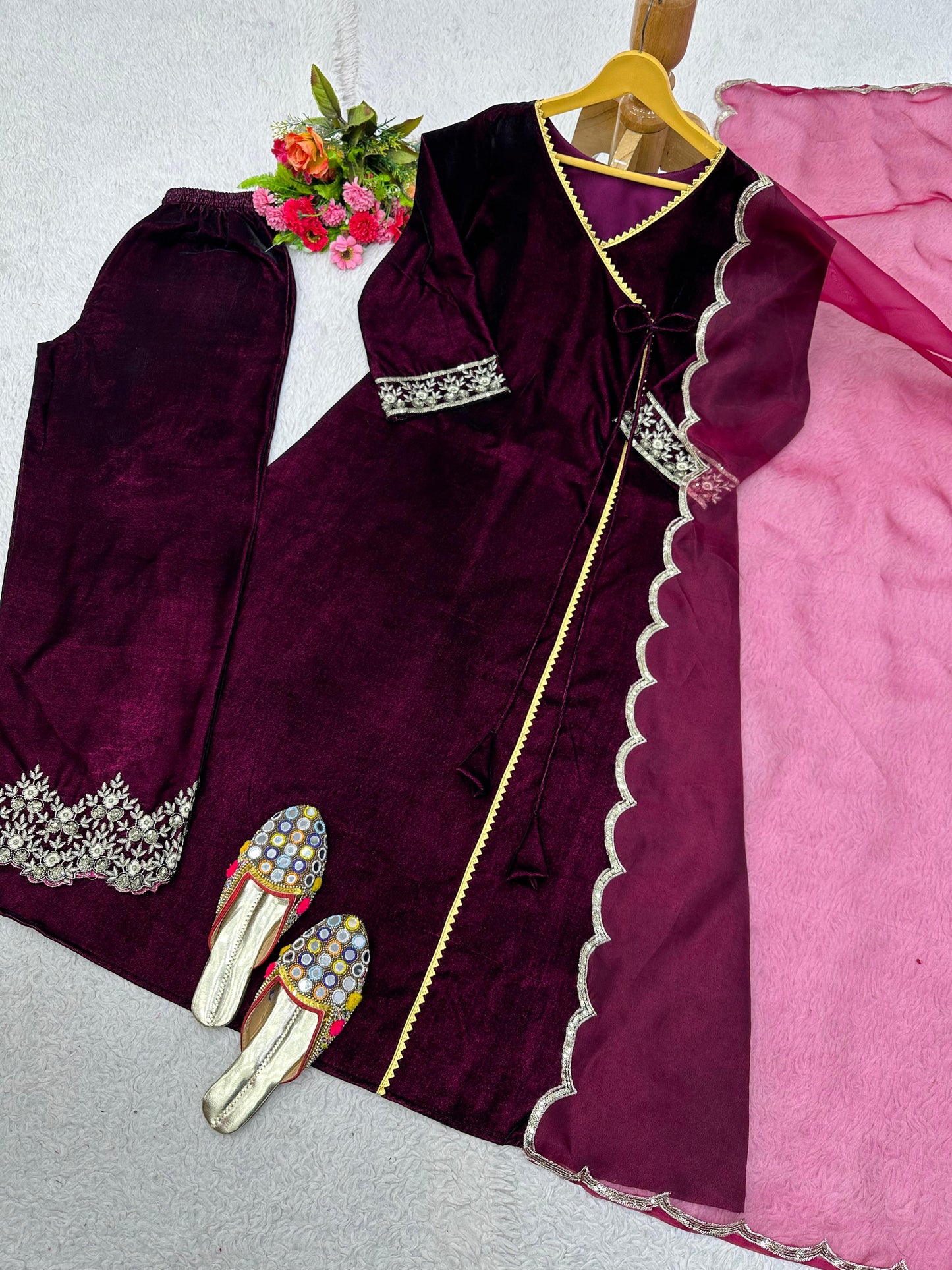 Wine Color Velvet Embroidery Salwar Suit For women