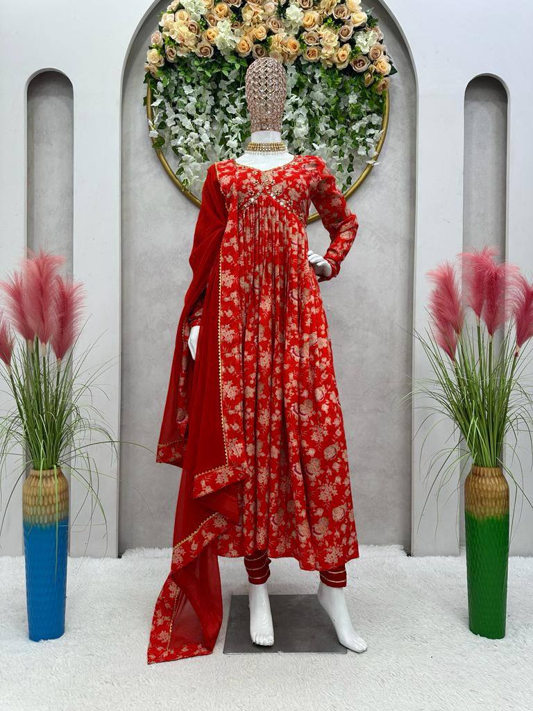 Flattering Red Color Hand Work Digital Printed Muslin Silk Ready Made Salwar Suit