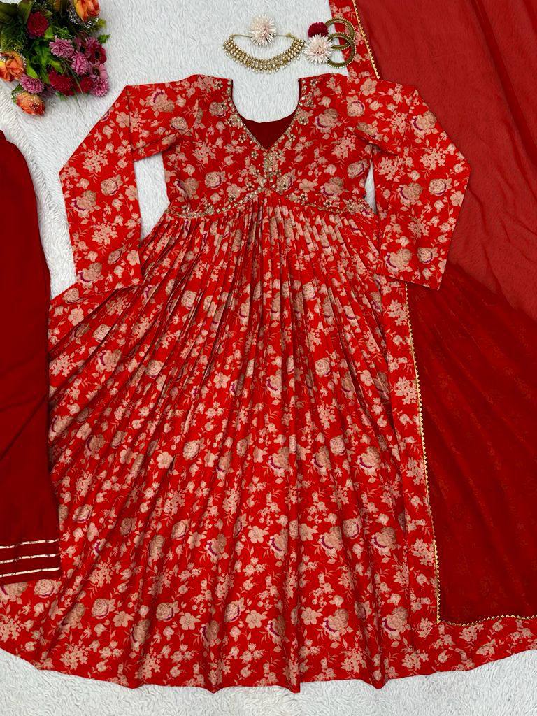Flattering Red Color Hand Work Digital Printed Muslin Silk Ready Made Salwar Suit