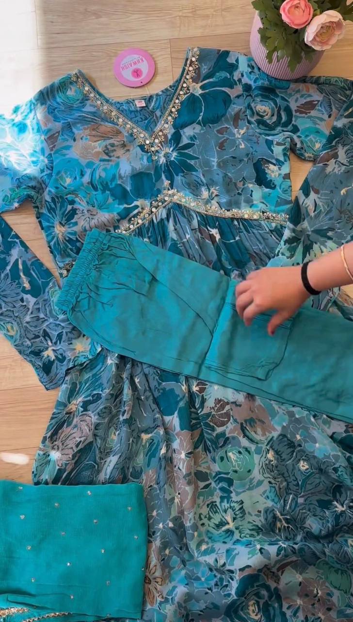 Stylish Rama Color Ready Made Digital Printed Hand Work Muslin Silk Suit