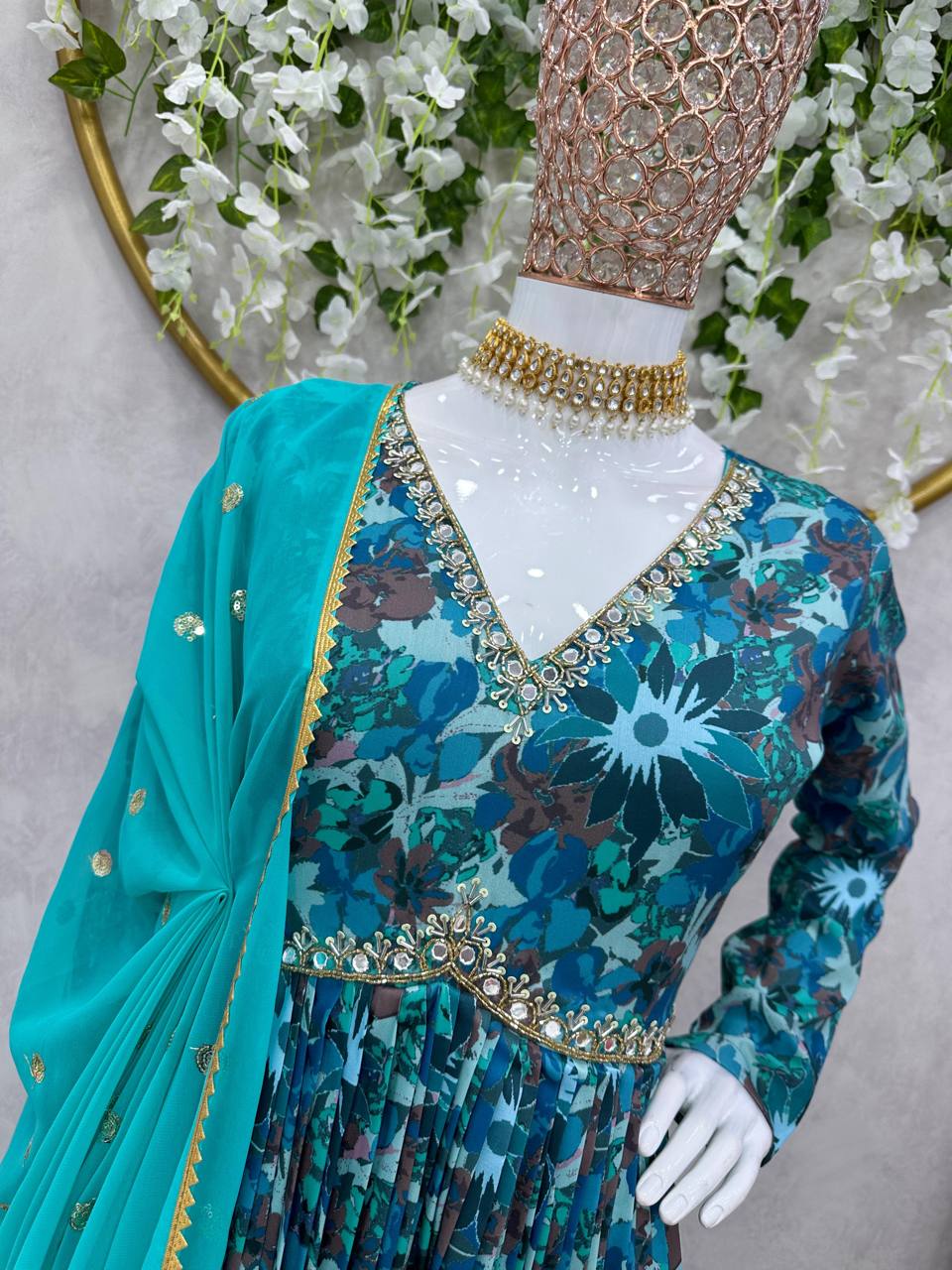Stylish Rama Color Ready Made Digital Printed Hand Work Muslin Silk Suit