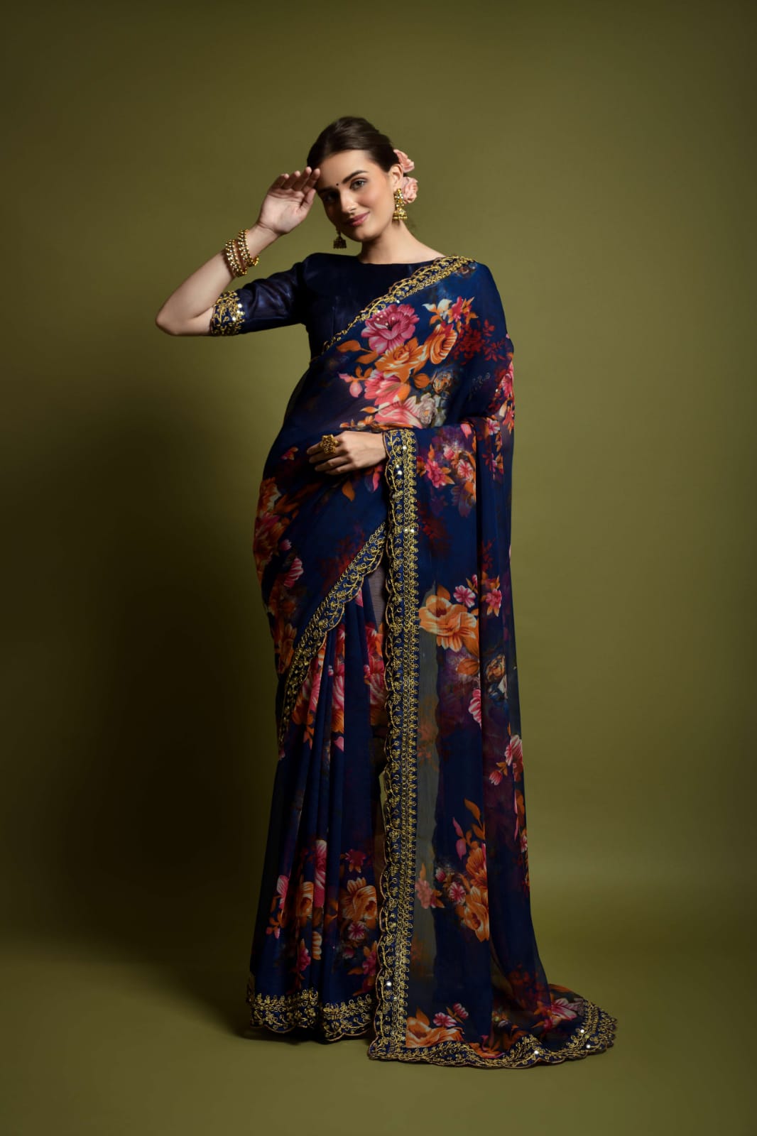 Beautiful Flower print with embroidery cut work lace Saree