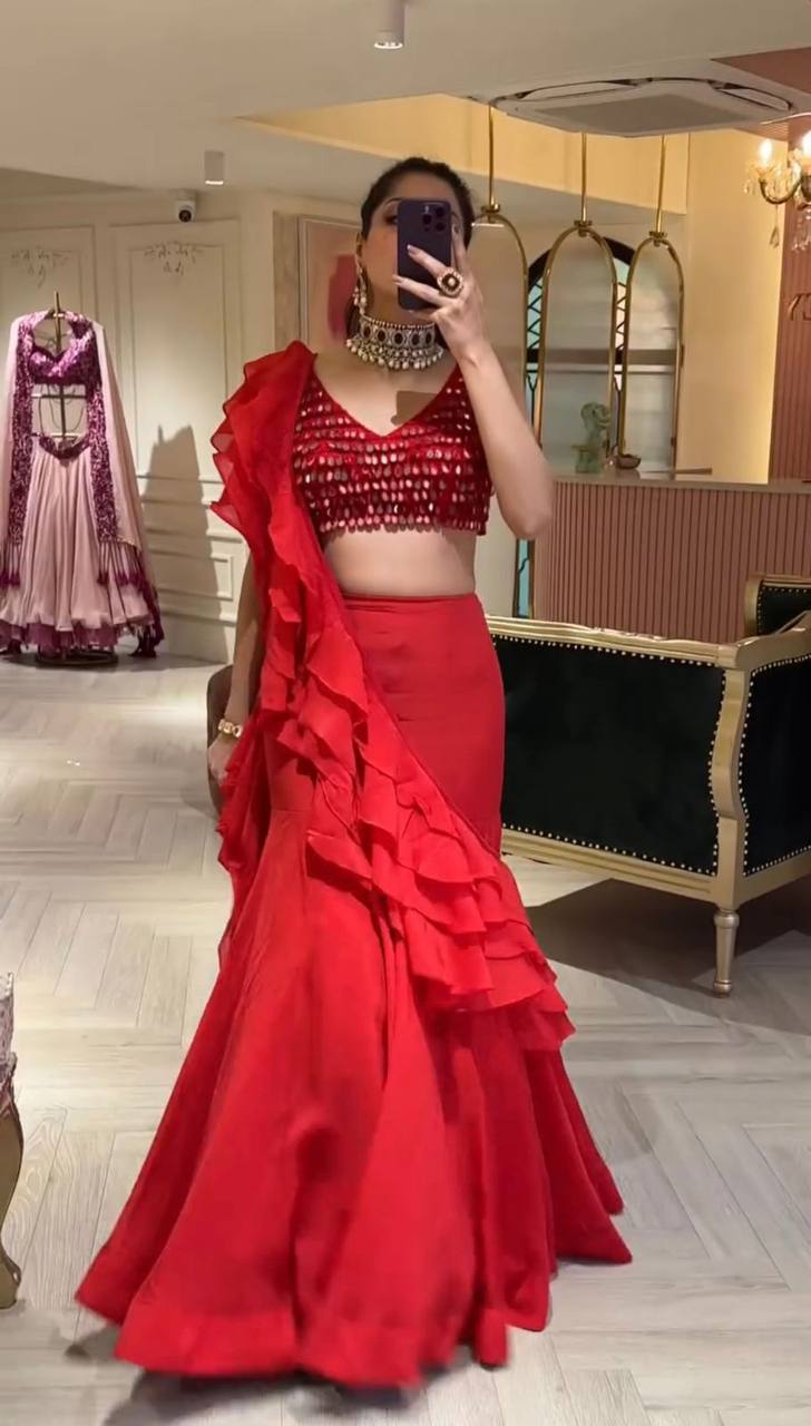 Party Wear Red Lehenga Saree with Blouse