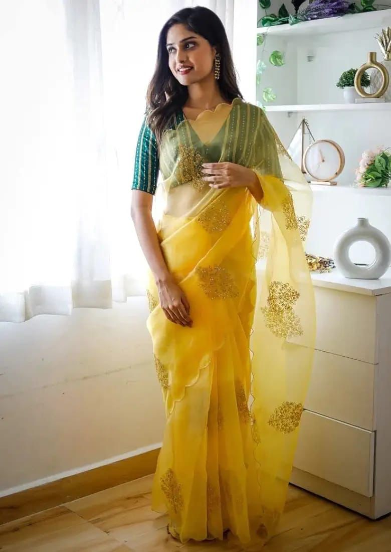 Womens And Girls Organza Silk Fabric Saree With Golden Embroidery with Sequins And Silk Stiched Blouse With Gotawork Yellow