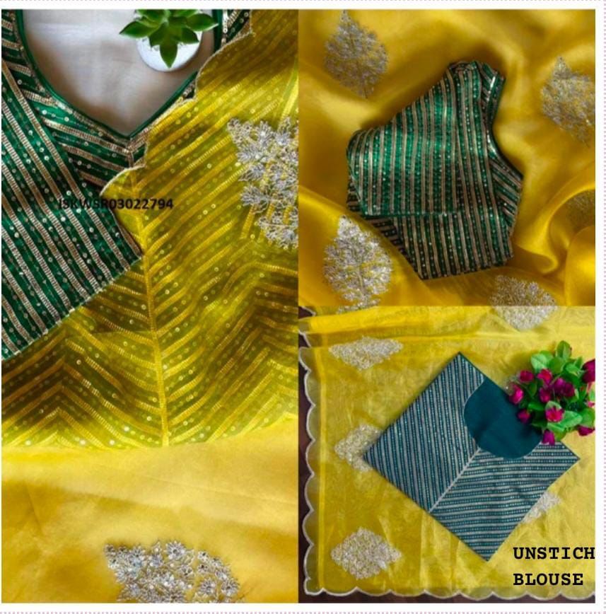 Womens And Girls Organza Silk Fabric Saree With Golden Embroidery with Sequins And Silk Stiched Blouse With Gotawork Yellow