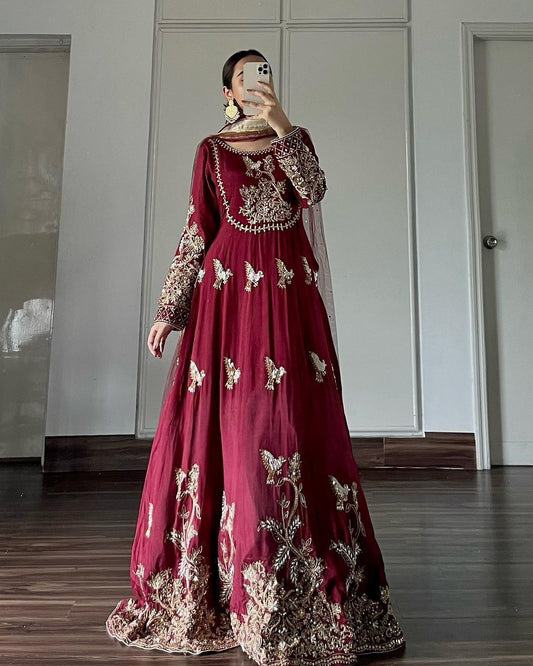 Maroon Anarkali Gown Dupatta Set For Women