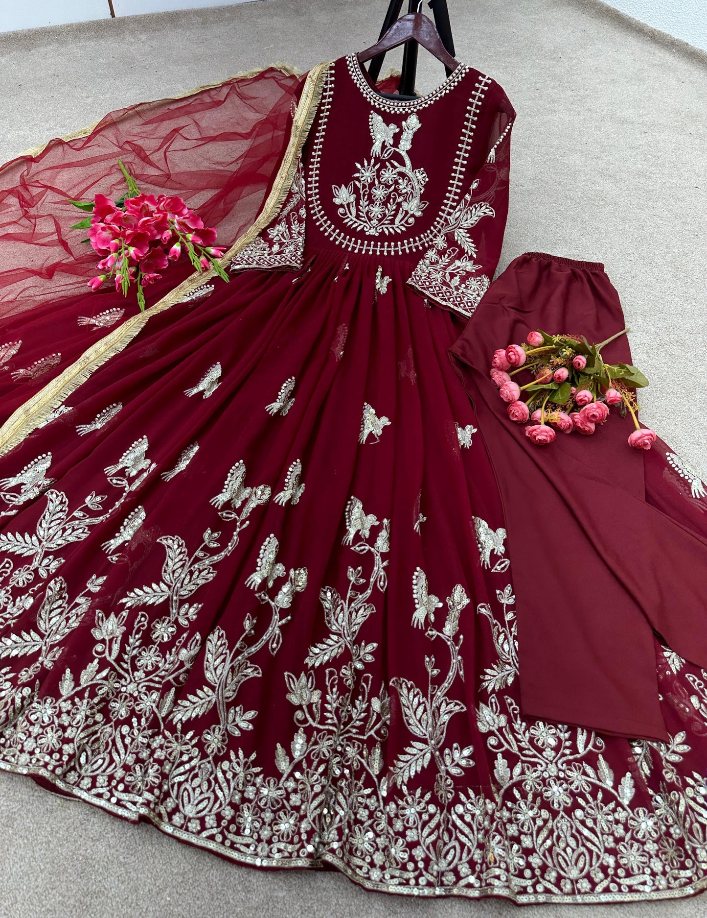 Maroon Anarkali Gown Dupatta Set For Women