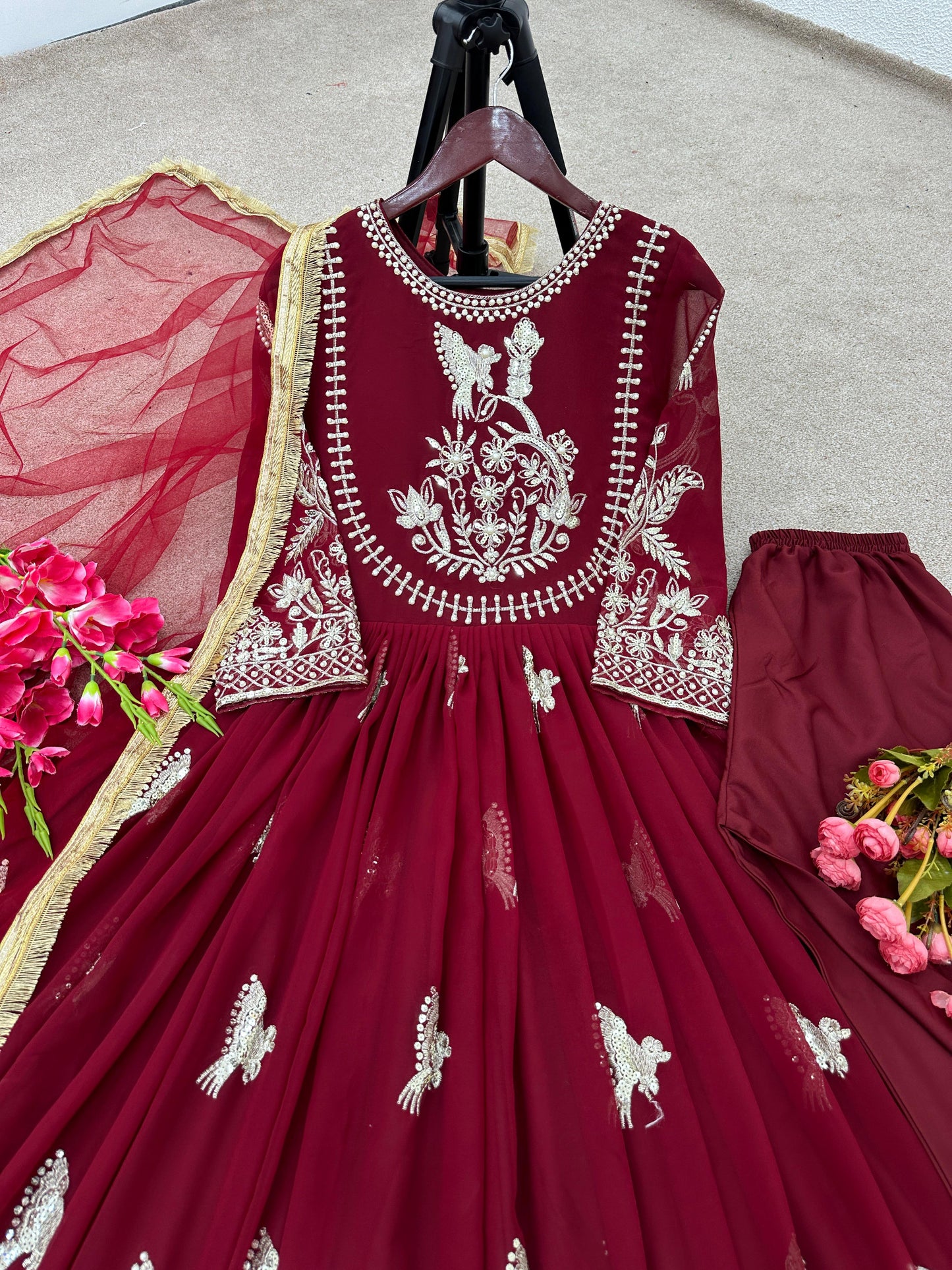 Maroon Anarkali Gown Dupatta Set For Women