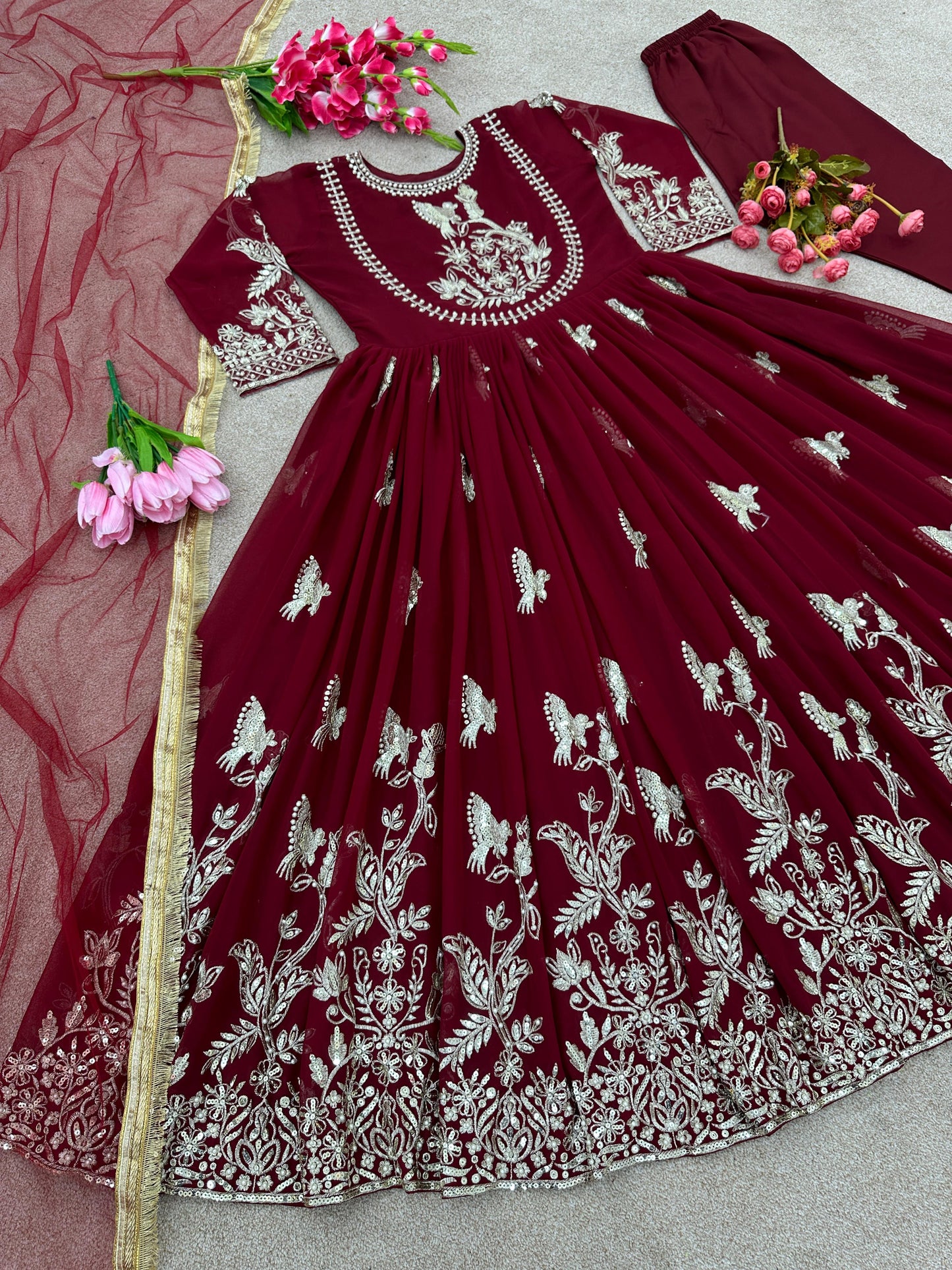 Maroon Anarkali Gown Dupatta Set For Women